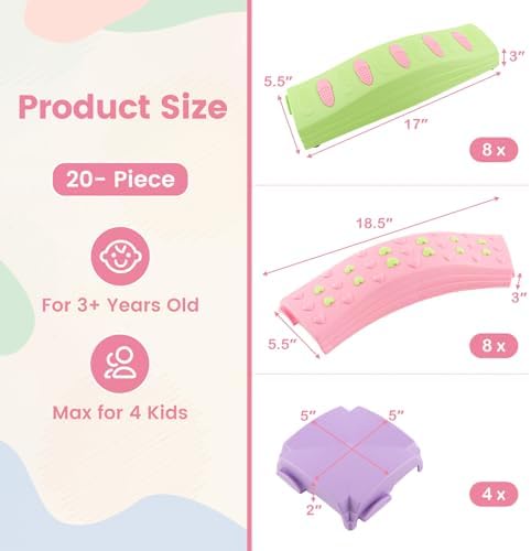 INFANS Kids Balance Beam Stepping Stones Set, 20 PCS Montessori Obstacle Course for Toddler Indoor Outdoor