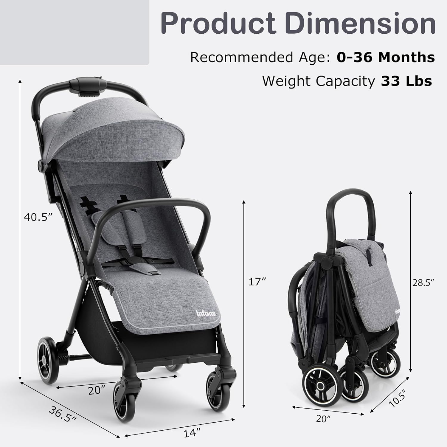 INFANS Ultra-Compact Fold Airplane Ready Travel Stroller, One-Hand Gravity Fold Near Flat Recline Seat