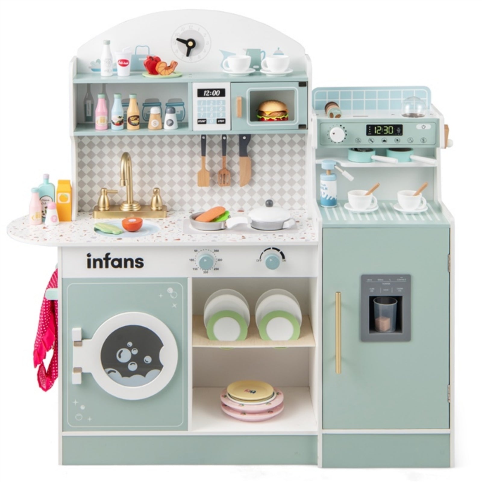 INFANS Kids Kitchen Playset, Toddler Wooden Kitchen Pretend Cooking Toy Set with Coffee Maker