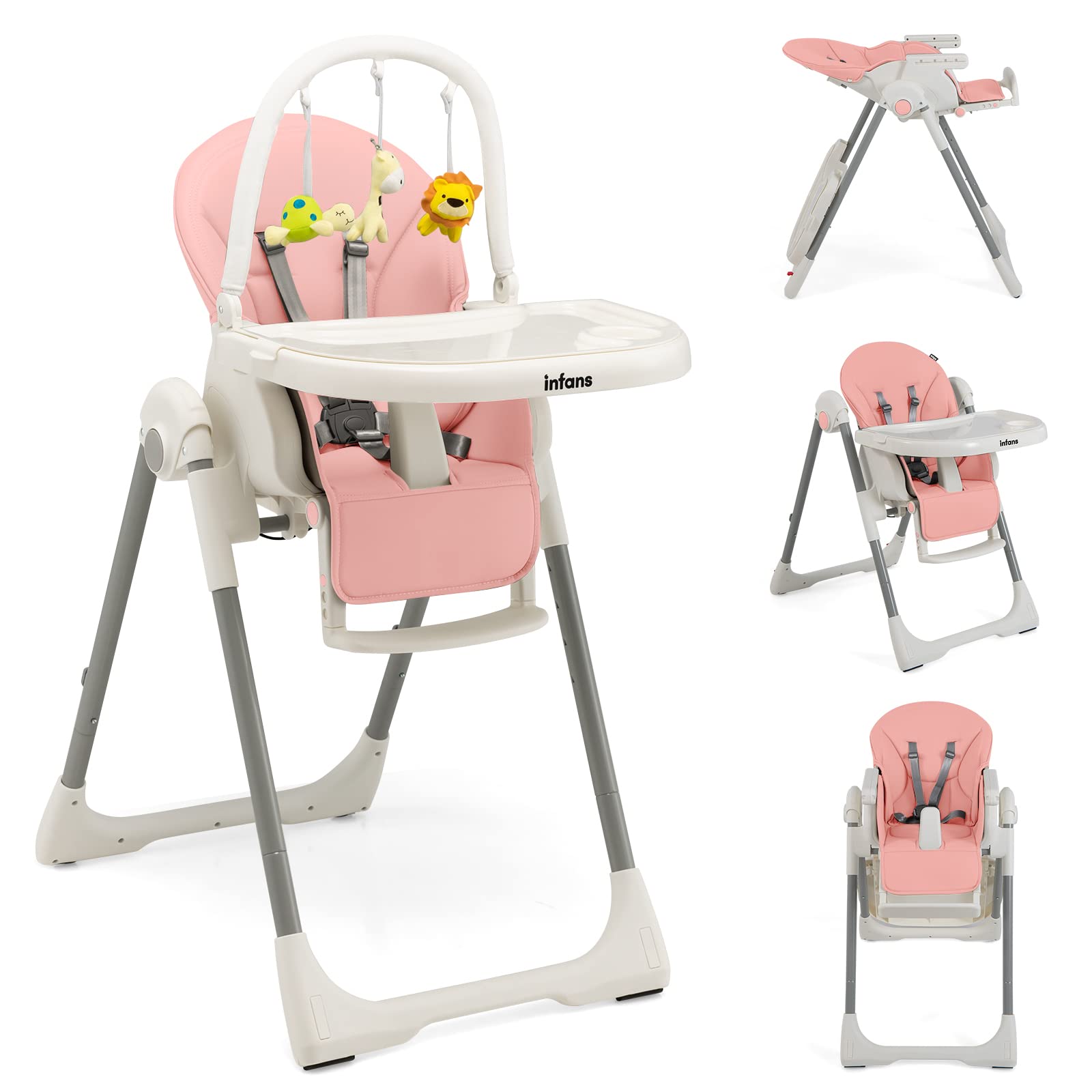INFANS High Chair for Babies and Toddlers, Foldable Highchair with 7 Different Heights 4 Reclining Backrest Seat 3 Setting Footrest INFANS