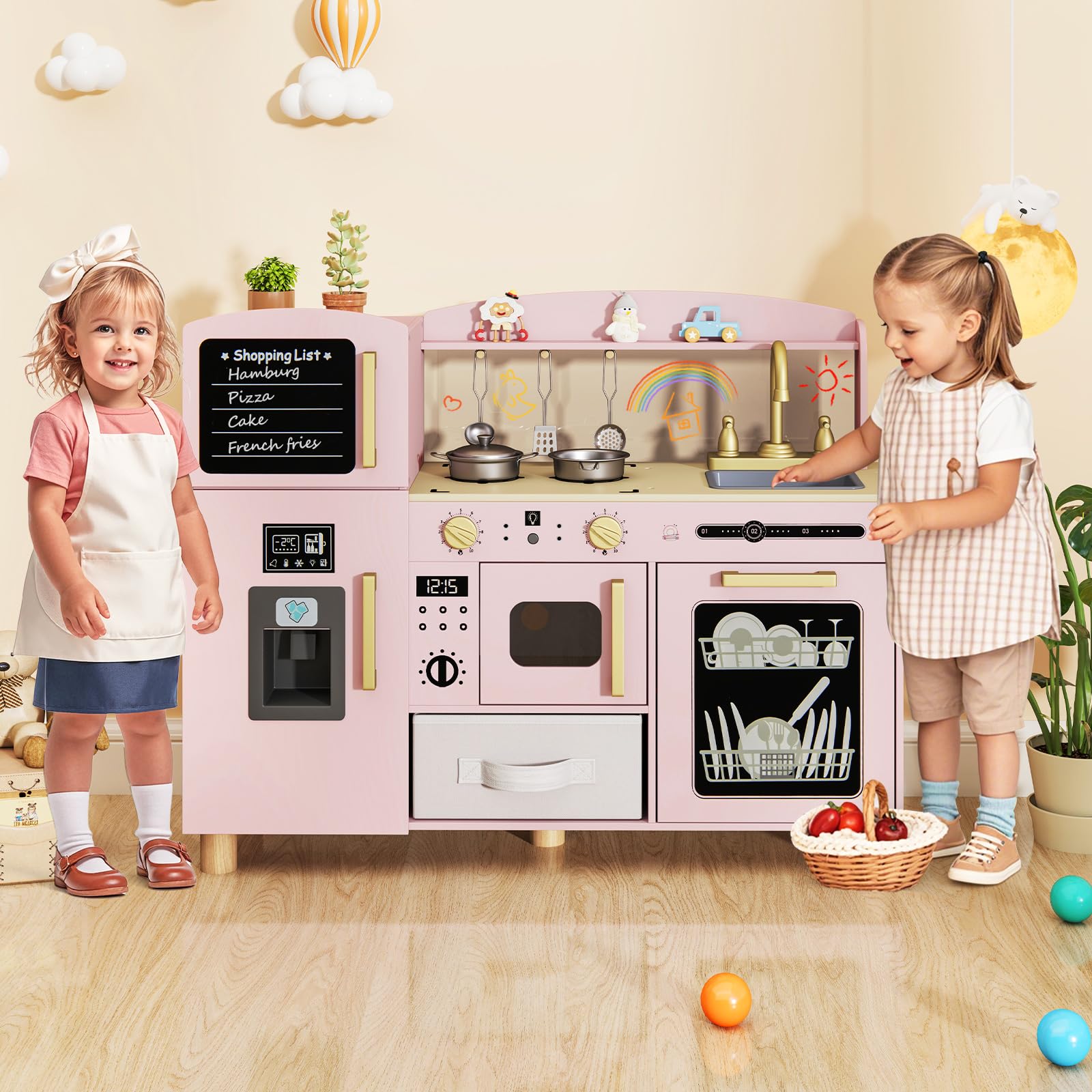 INFANS Kids Kitchen Playset, Toddler Wooden Pretend Cooking Toy Set with Acrylic Drawing Board Ice Machine Dishwasher