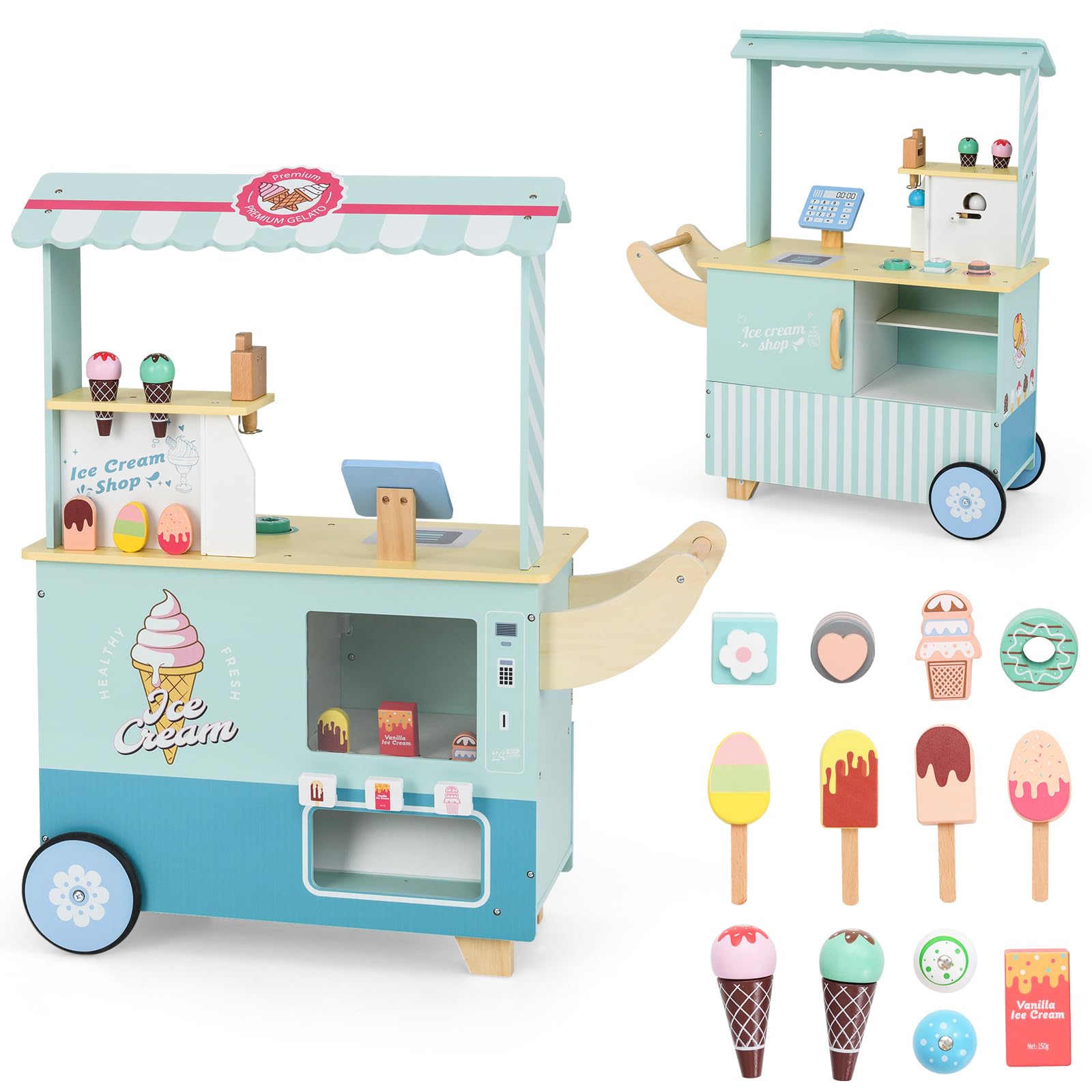 INFANS Ice Cream Cart Grocery Store Marketplace Toy, Market Stand Shop Pretend Play Set with Accessories Gift for Ages 3+