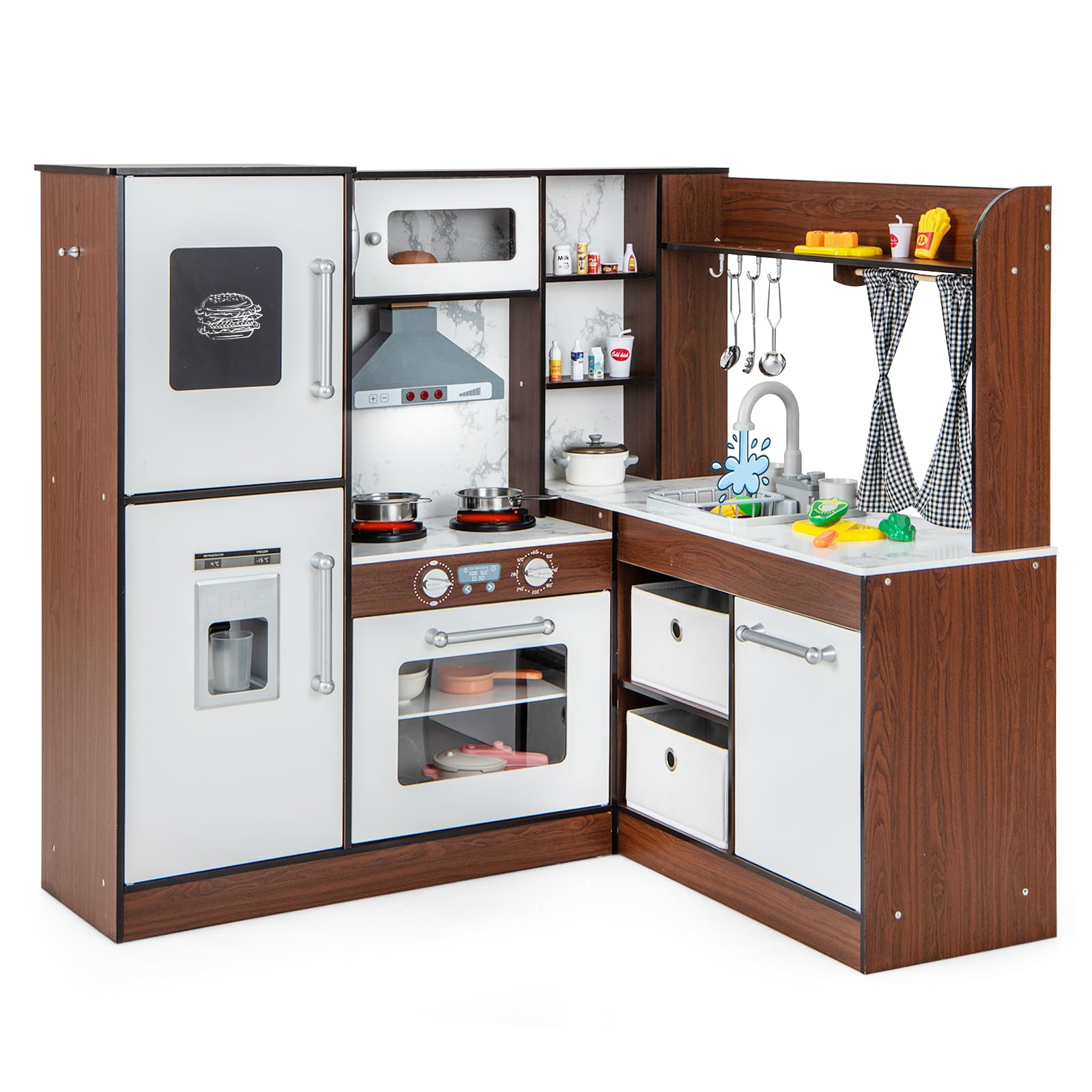INFANS Corner Kids Kitchen Playset, Ultimate Wooden Pretend Cooking Toy Set with Real Running Water