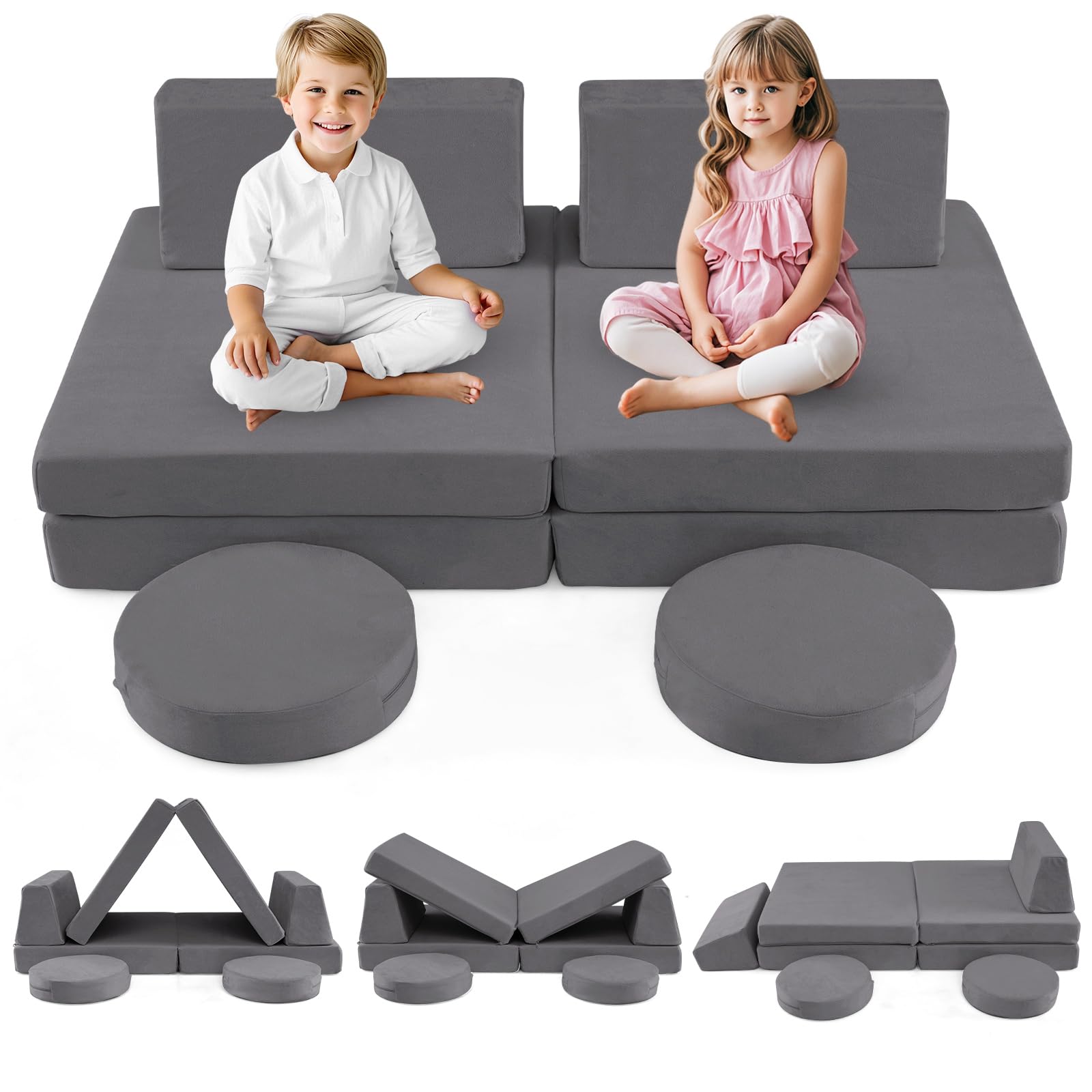 INFANS Modular Kids Play Couch, 6 PCS Toddler Creative Sectional Fort Building Sofa for Playroom, Bedroom