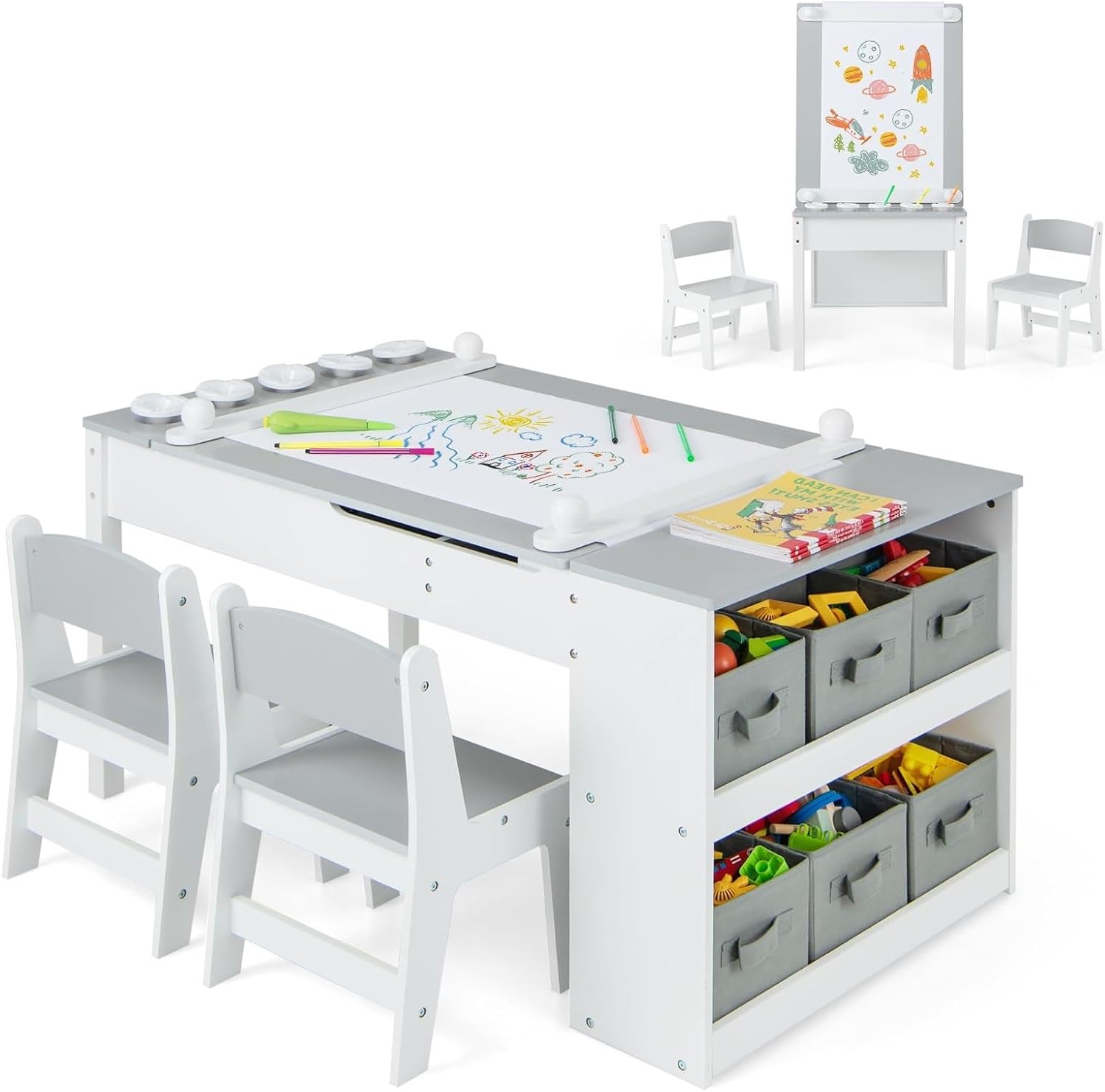 INFANS 3 in 1 Kids Art Table and Chair Set, Toddler Craft Play Wood Activity Desk with 2 Chairs Storage Canvas Bins