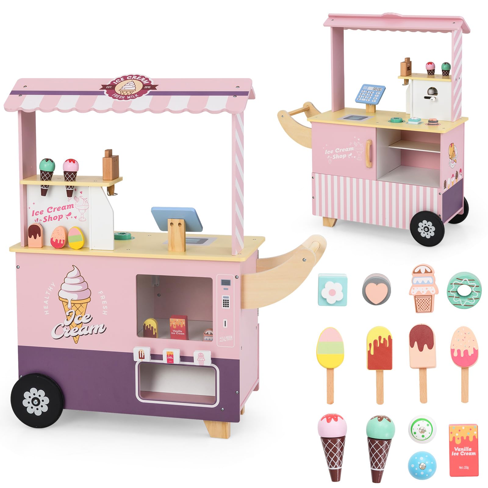 INFANS Ice Cream Cart Grocery Store Marketplace Toy, Market Stand Shop Pretend Play Set with Accessories Gift for Ages 3+