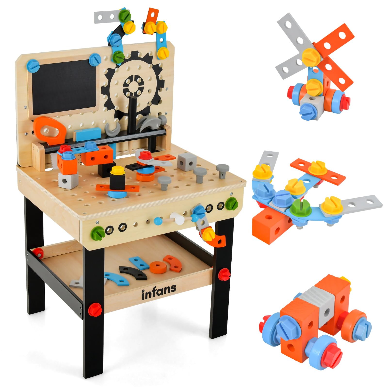 INFANS Tool Bench Set for Toddlers, Kids Wooden Workbench with Blackboard Construction Building Tools and 75 Accessories