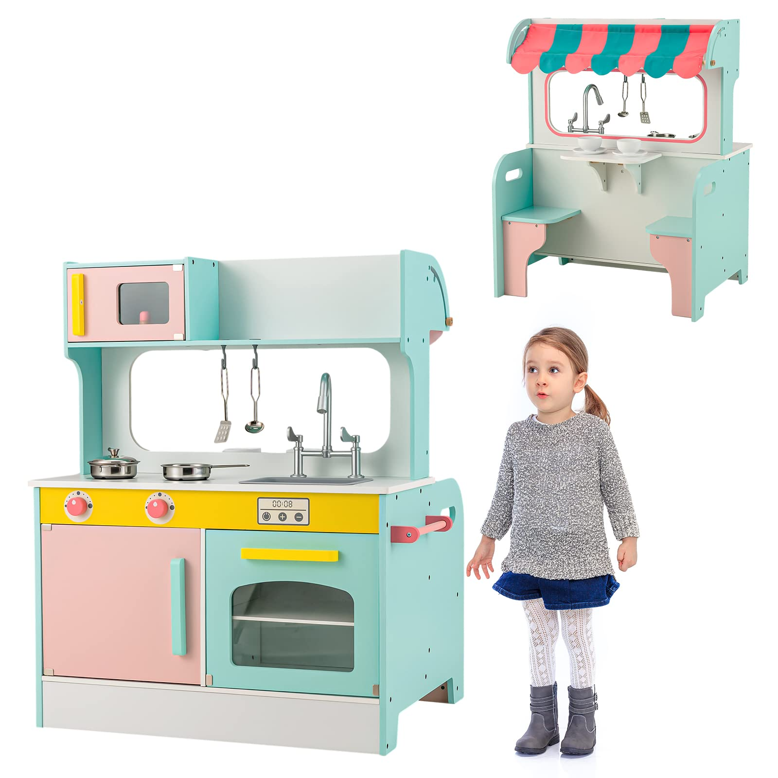 INFANS 2 in 1 Kids Play Kitchen and Restaurant, Double Sided Toddler Wooden Pretend Cooking Set