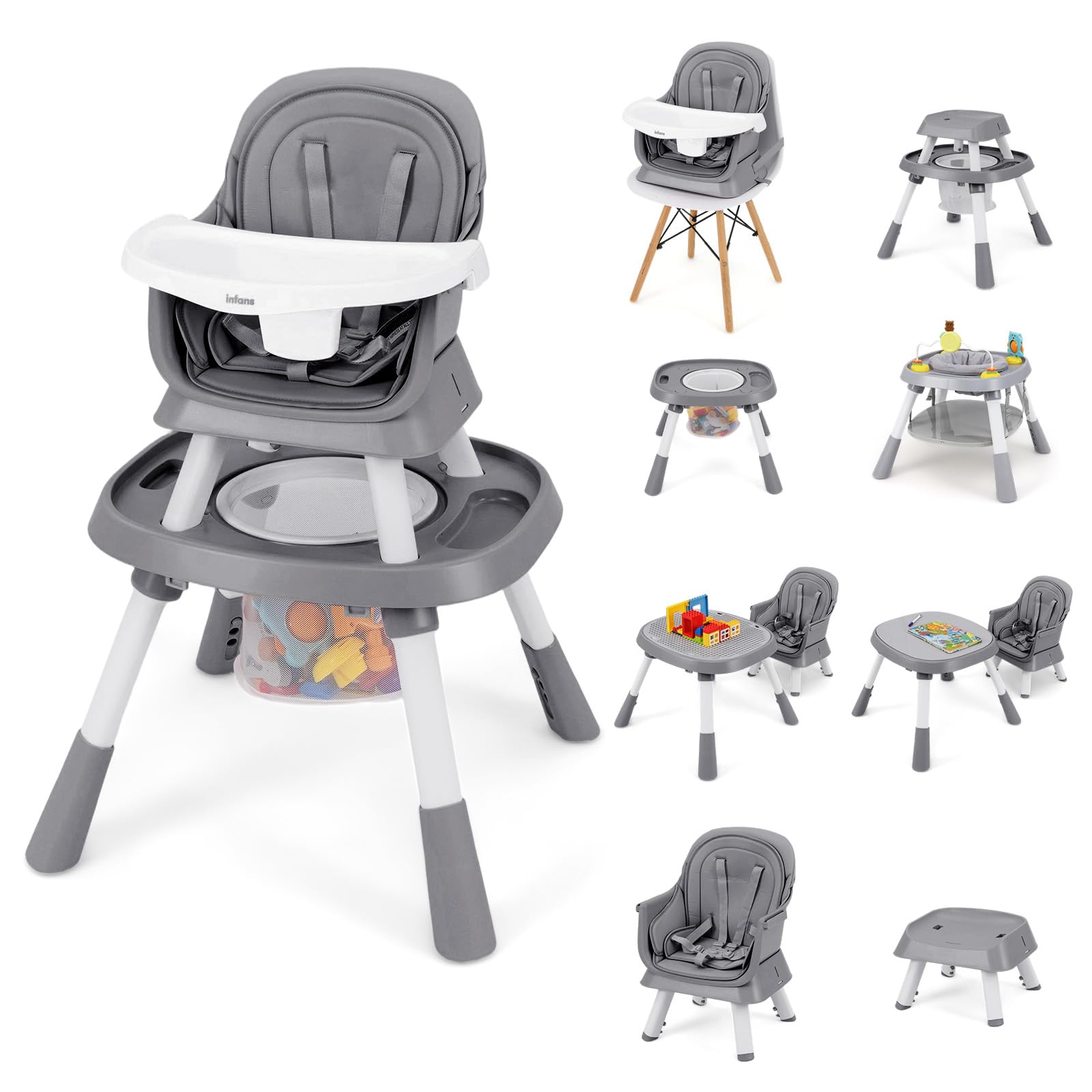 INFANS 9 in 1 High Chair, Convertible Baby Highchair, Table and Chair Set Building Block Infant Dining Booster Seat