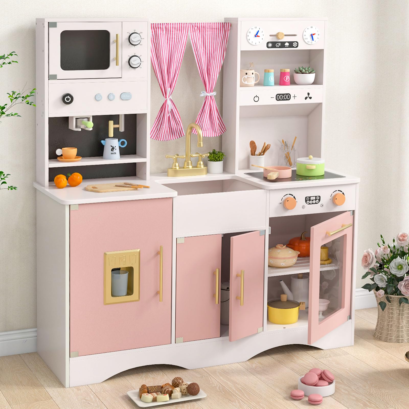 INFANS Kids Kitchen Playset Cooking Toy Kitchen Set with Coffee Machine Stove Removable Sink Microwave Storage Cabinet