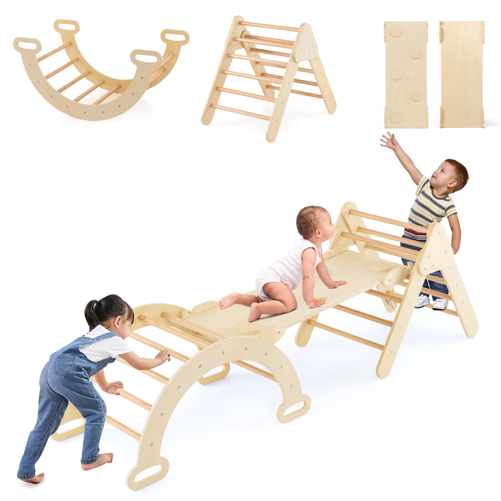 INFANS Climbing Toys for Toddlers, 5 in 1 Kids Wooden Montessori Triangle Set Climber Toy, Indoor Climb Activity