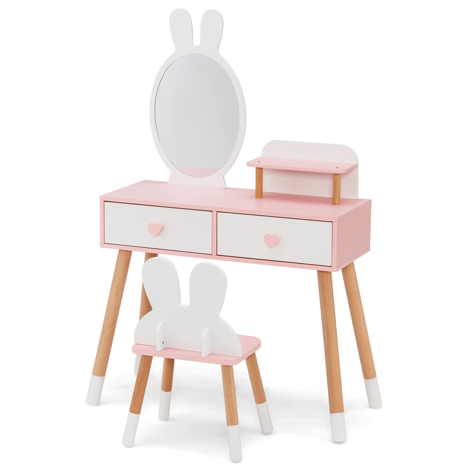 INFANS Kids Vanity Set, 2 in 1 Wooden Princess Makeup Table and Chair with Mirror INFANS