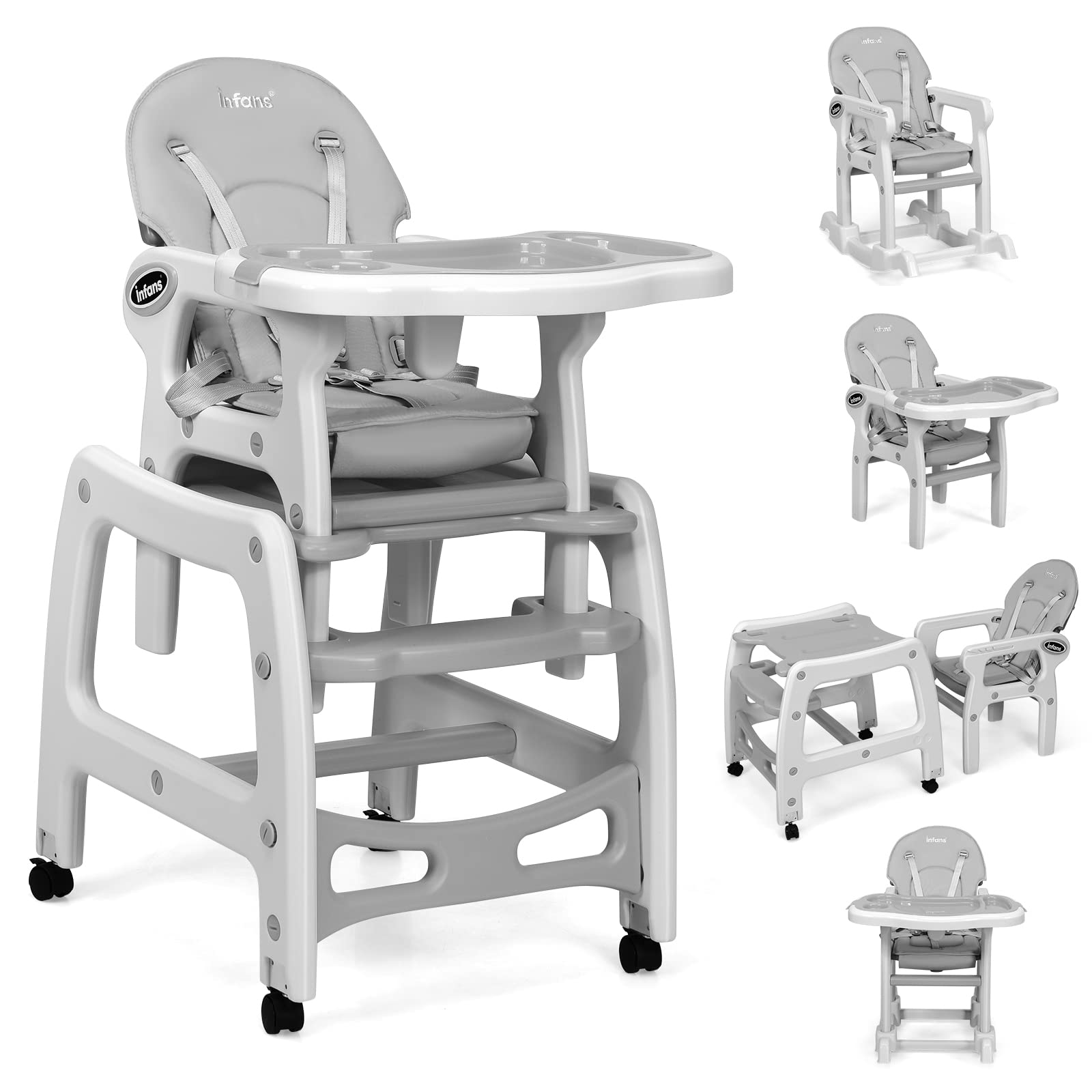 INFANS 5 in 1 Baby High Chair, Convertible Toddler Table Chair Set, Rocking Chair, Multi-Function Seat with Lockable Universal Wheels