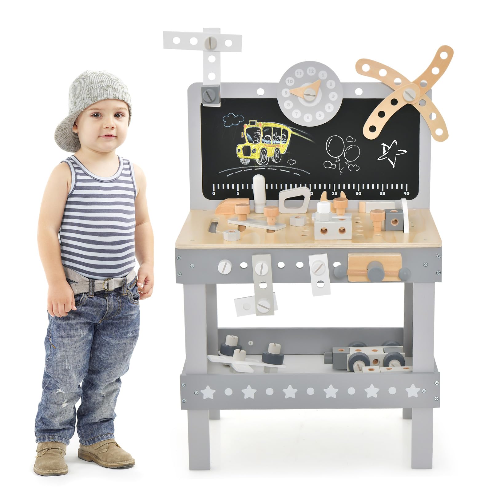 INFANS Tool Bench Set for Toddlers, Kids Wooden Workbench with Blackboard Construction Building Tools and 62 Accessories