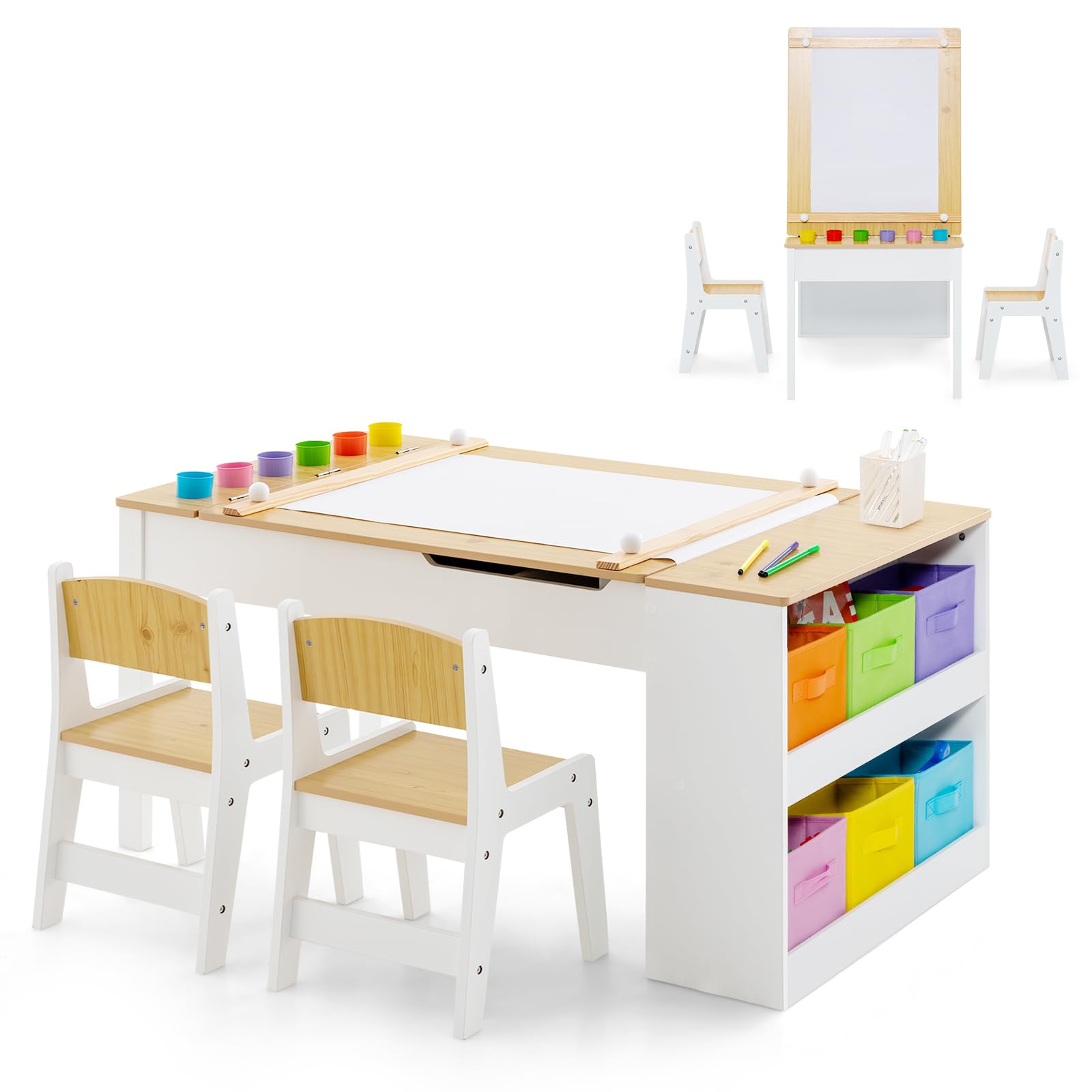INFANS 3 in 1 Kids Art Table and Chair Set, Toddler Craft Play Wood Activity Desk with 2 Chairs Storage Canvas Bins