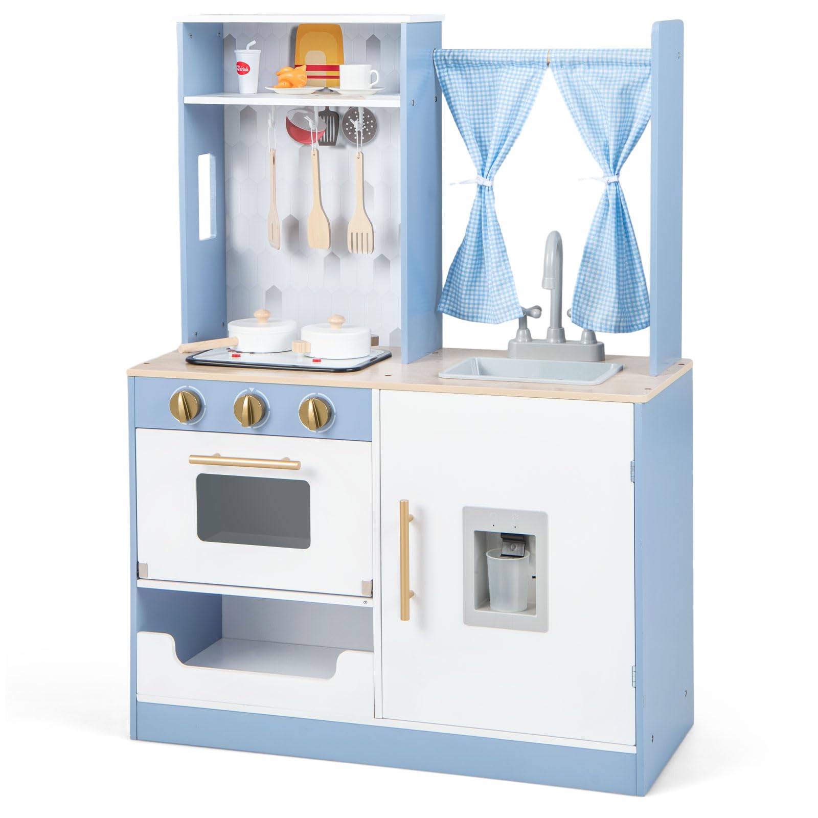 INFANS Kid Kitchen Playset, Toddler Wooden Pretend Cooking Set with Realistic Light & Sound, Stove, Microwave