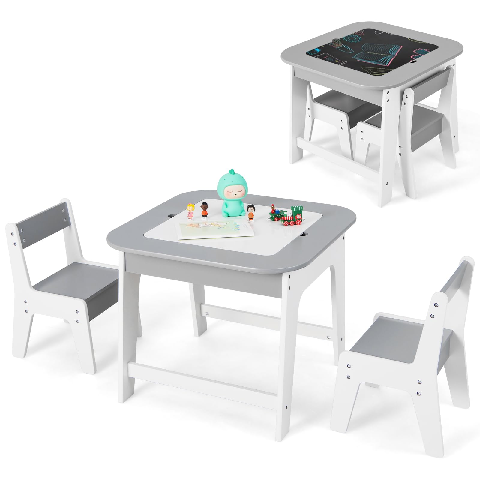 INFANS Kids Table and Chair Set, 3 in 1 Wooden Activity Table with Removable Tabletop, Blackboard and Whiteboard