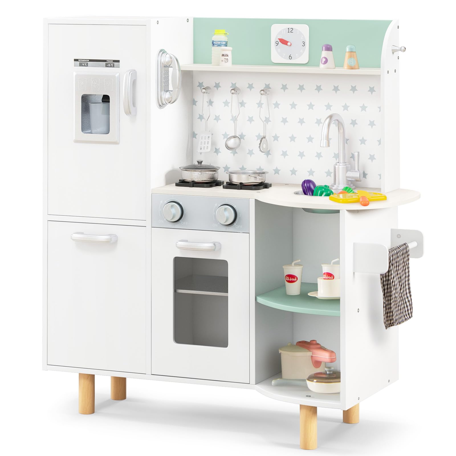 INFANS Kid Kitchen Playset, Toddler Wooden Pretend Cooking Set with Realistic Light & Sound, Stove, Sink, Microwave