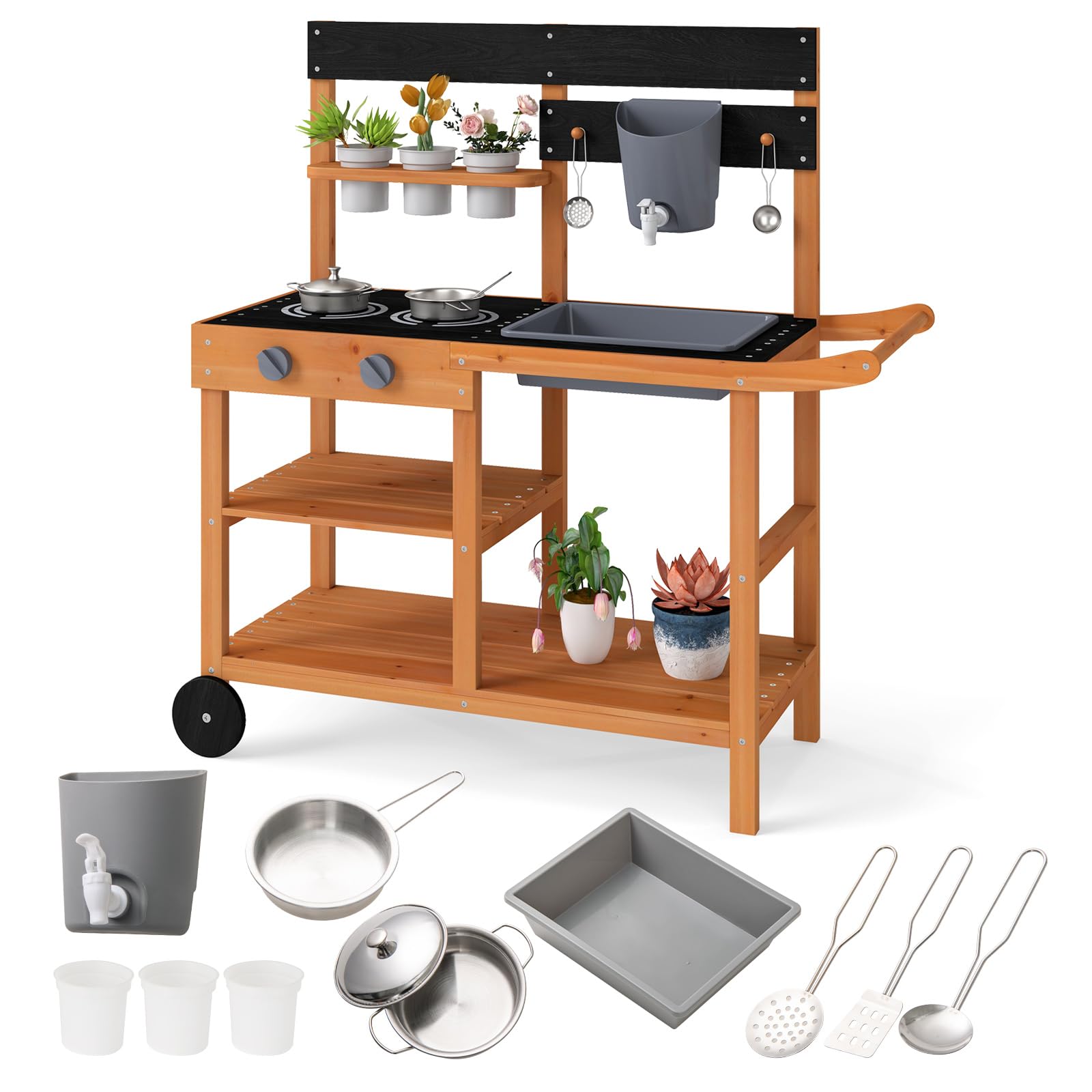 INFANS Mud Kitchen for Kids Outdoor, Wooden Toddler Play Kitchen with Cooking Accessories, Toy Playset for Backyard Garden