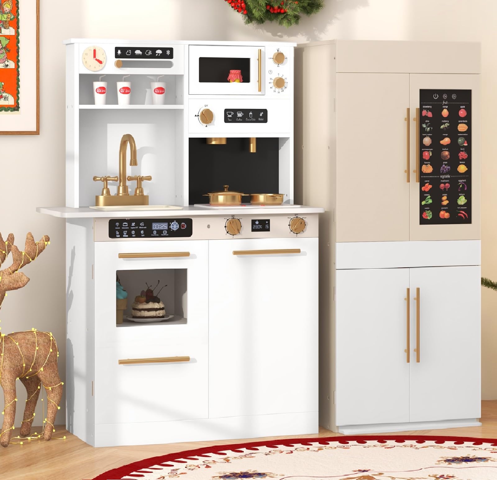 INFANS Play Kitchen for Kids, 2-Piece Fridge Refrigerator Playset Combination with Electronic Interactive Alphabet Wall Chart