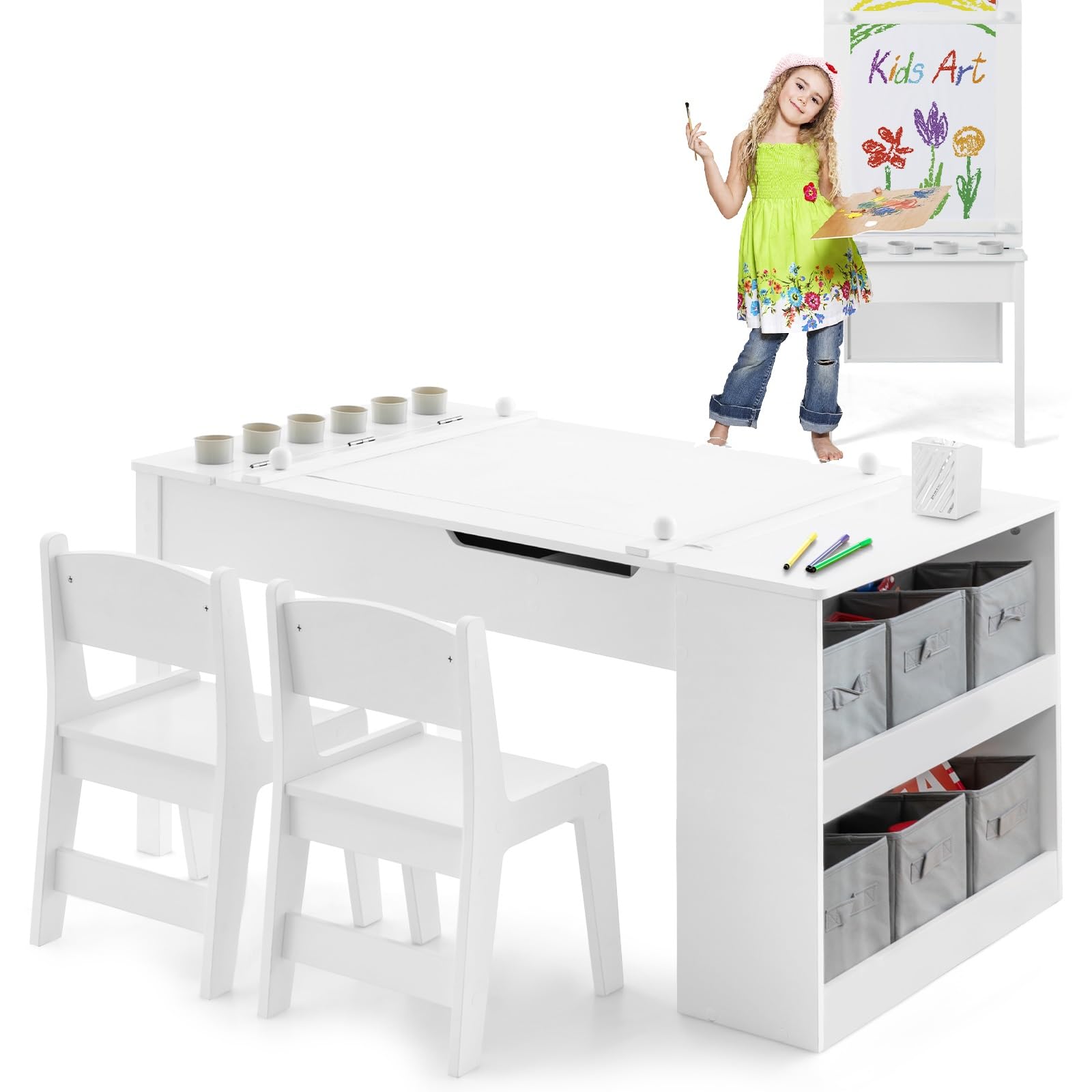 INFANS 3 in 1 Kids Art Table and Chair Set, Toddler Craft Play Wood Activity Desk with 2 Chairs Storage Canvas Bins