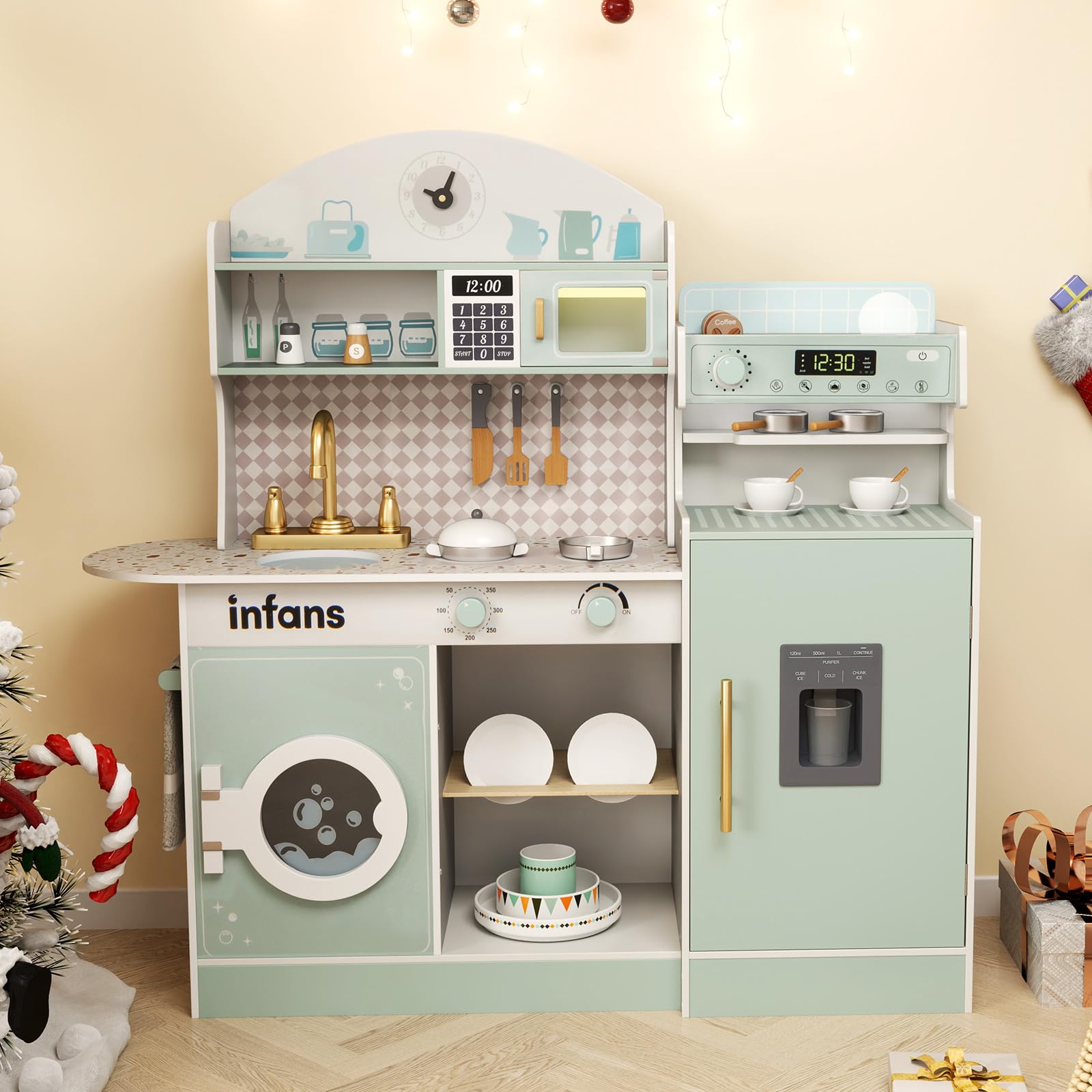 INFANS Kids Kitchen Playset, Toddler Wooden Kitchen Pretend Cooking Toy Set with Coffee Maker
