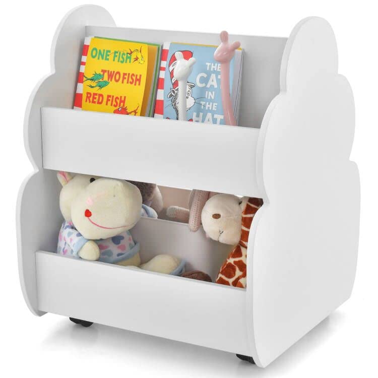 INFANS Kids Bookshelf with Wheels, Wooden Bookcase Toy Storage Cabinet Organizer Holder