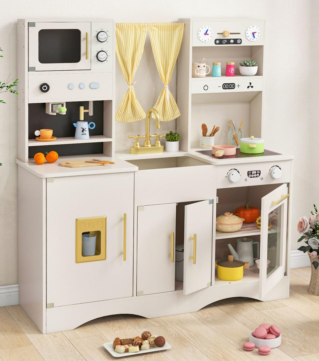INFANS Kids Kitchen Playset Cooking Toy Kitchen Set with Coffee Machine Stove Removable Sink Microwave Storage Cabinet