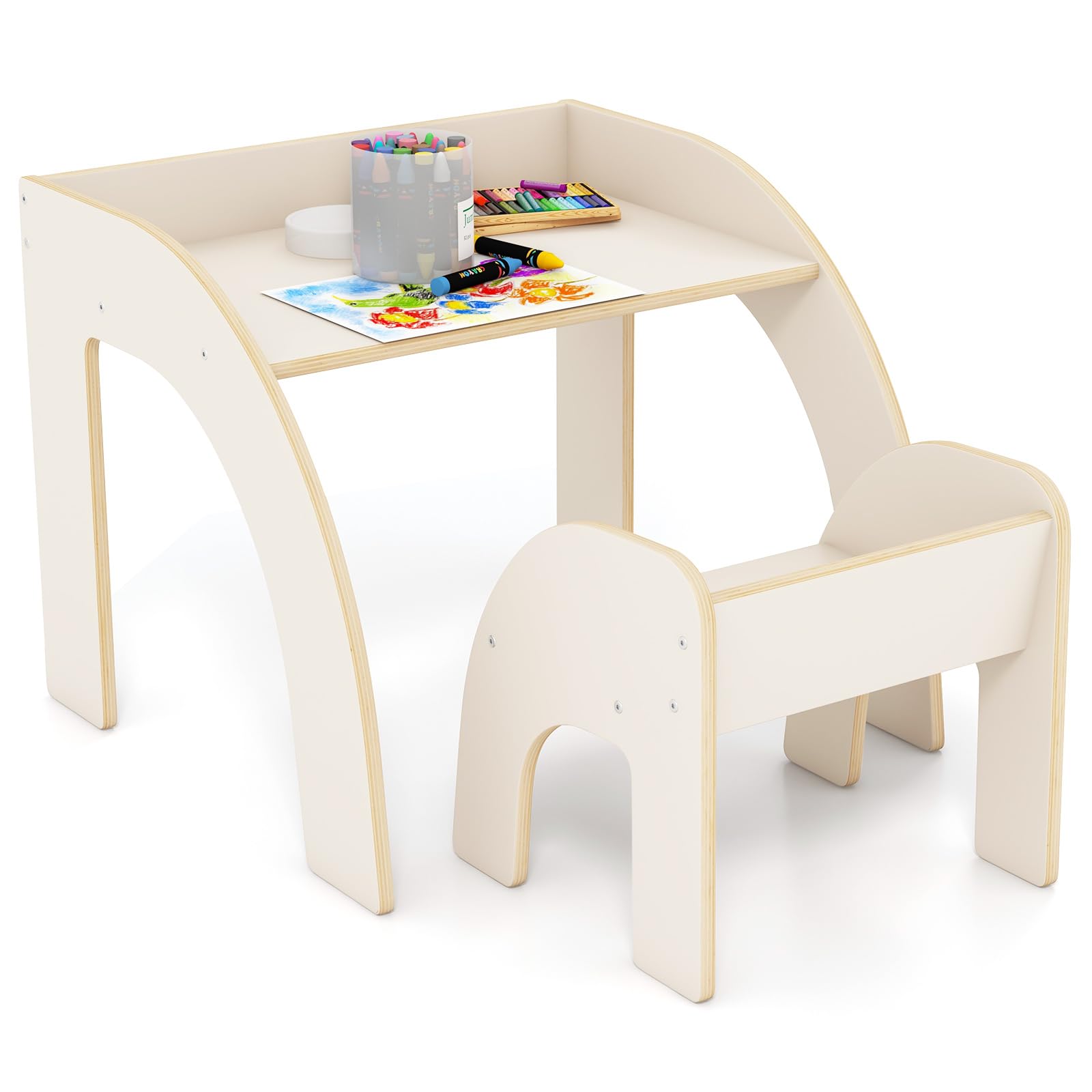 INFANS Kids Table and Chair Set, Wooden Activity Table for Toddlers Arts Crafts Drawing Reading Playing Building Block Drawing