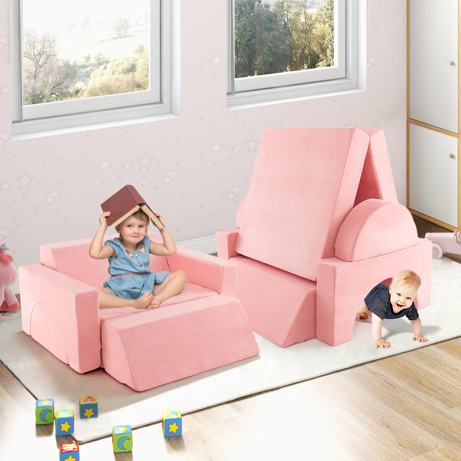 INFANS Mondular Kids Play Couch, 8PCS Toddler Sectional Sofa Building Fort for Bedroom, Imaginative Convertible Floor Cushion