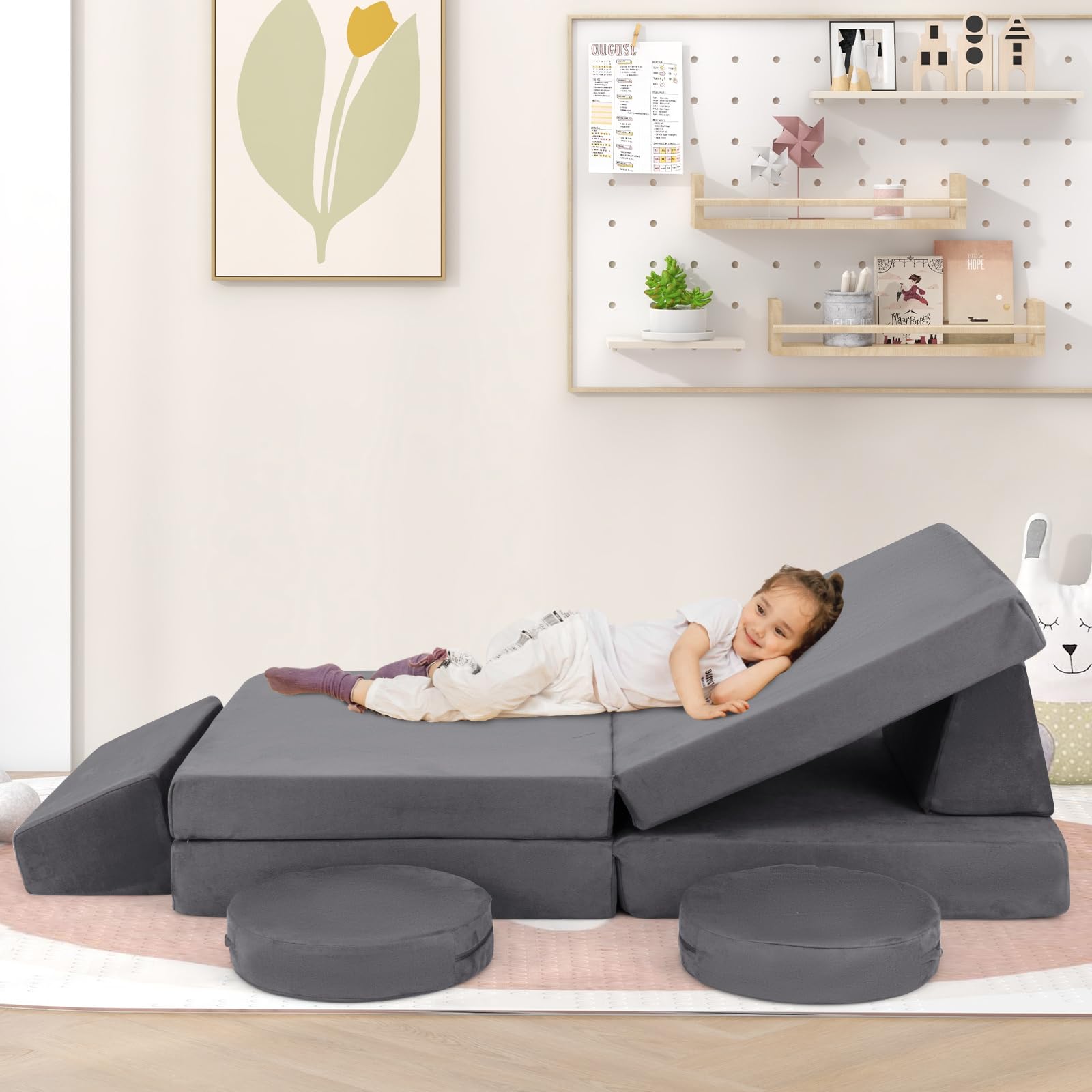 INFANS Modular Kids Play Couch, 6 PCS Toddler Creative Sectional Fort Building Sofa for Playroom, Bedroom