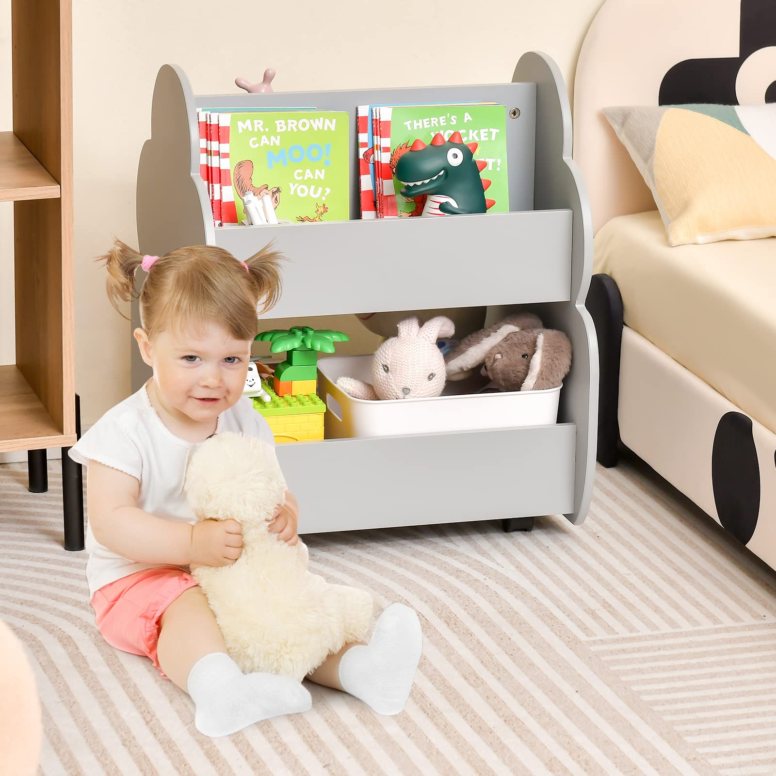 INFANS Kids Bookshelf with Wheels, Wooden Bookcase Toy Storage Cabinet Organizer Holder