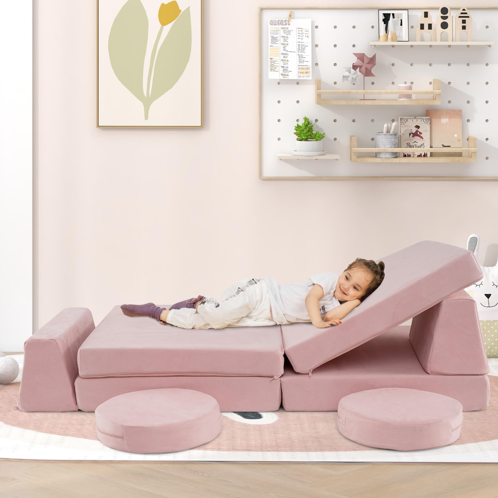 INFANS Modular Kids Play Couch, 6 PCS Toddler Creative Sectional Fort Building Sofa for Playroom, Bedroom