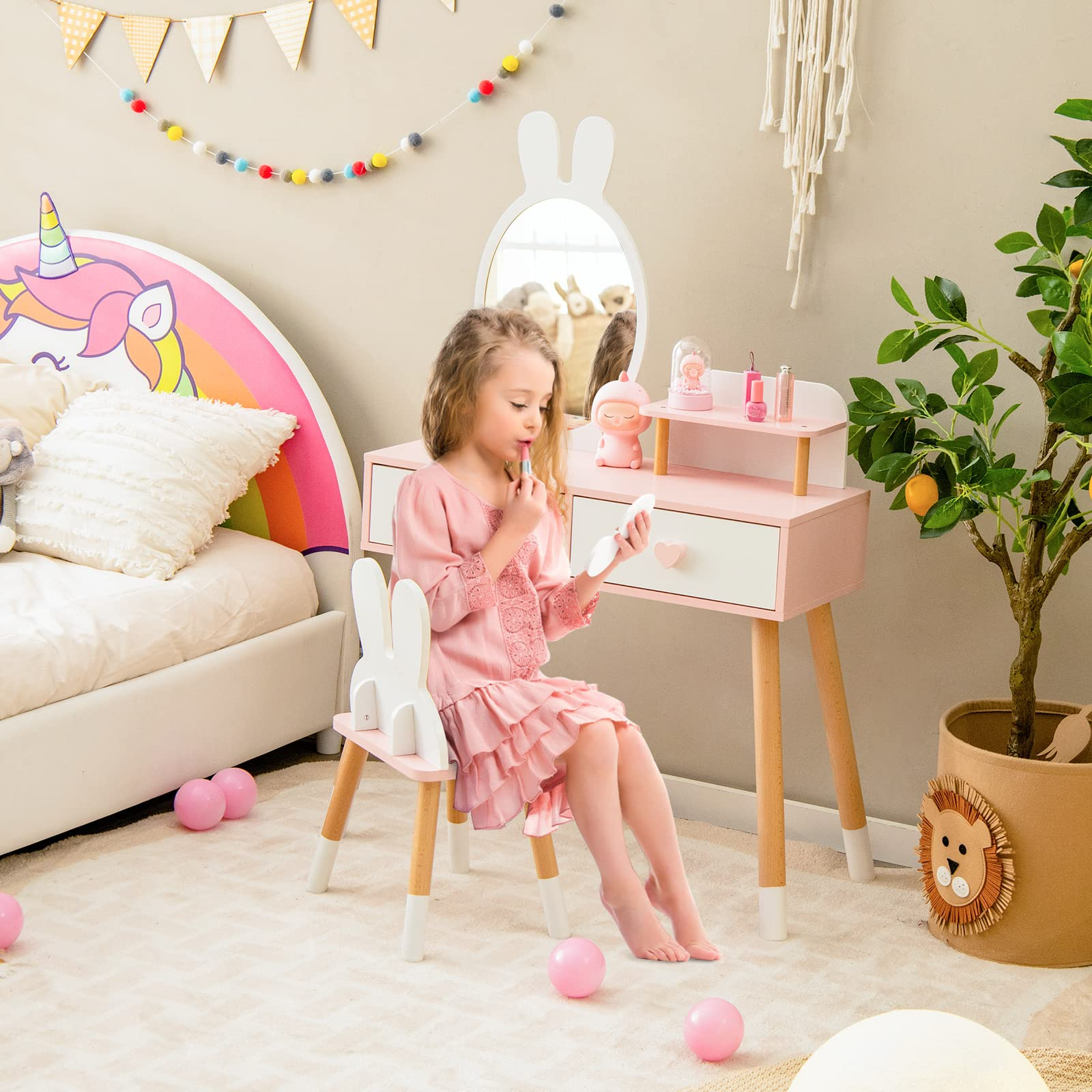INFANS Kids Vanity Set, 2 in 1 Wooden Princess Makeup Table and Chair with Mirror INFANS