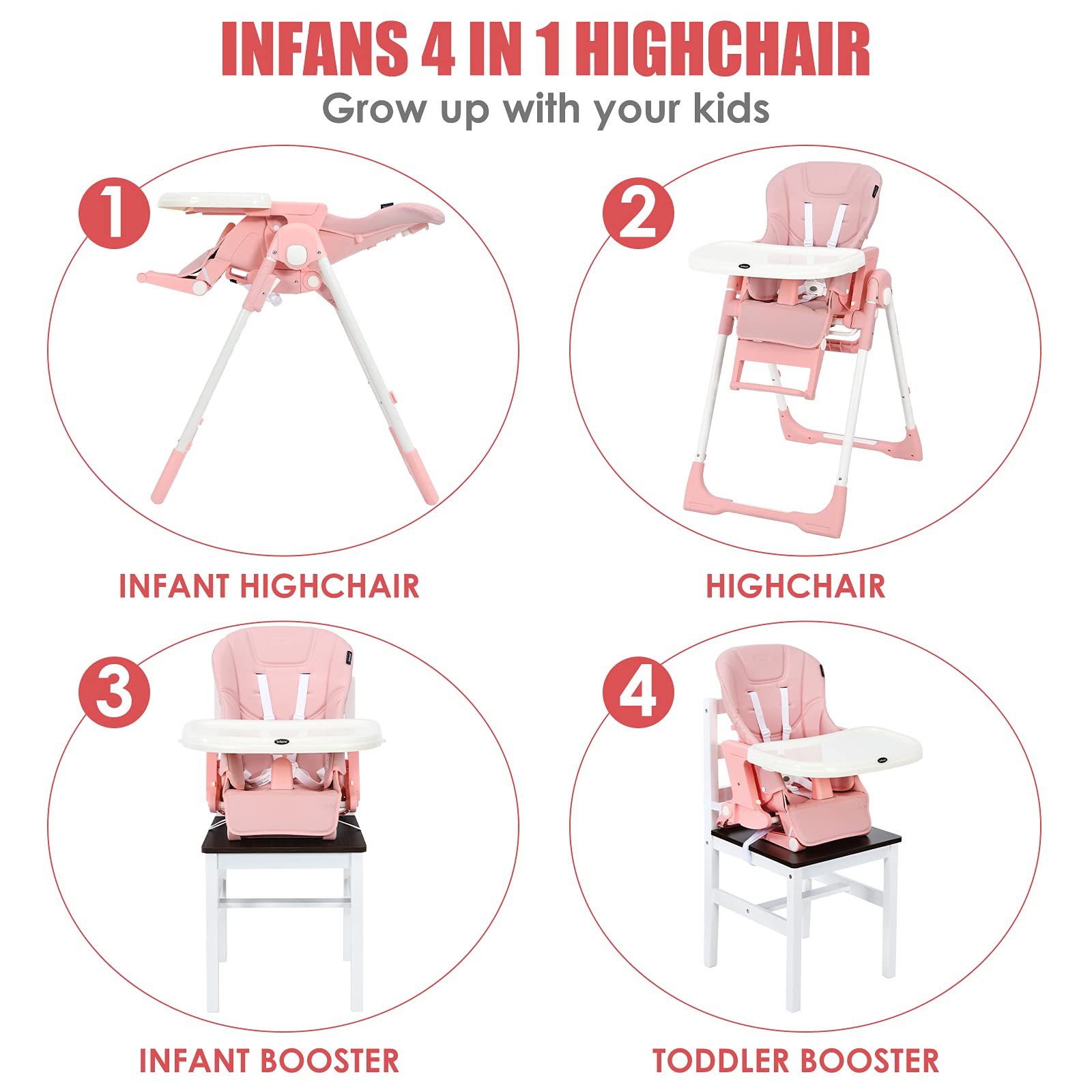INFANS 4 in 1 High Chair�CBooster Seat, Convertible Highchair, Installation-Free,Simple Fold for Baby, Infant& Toddler