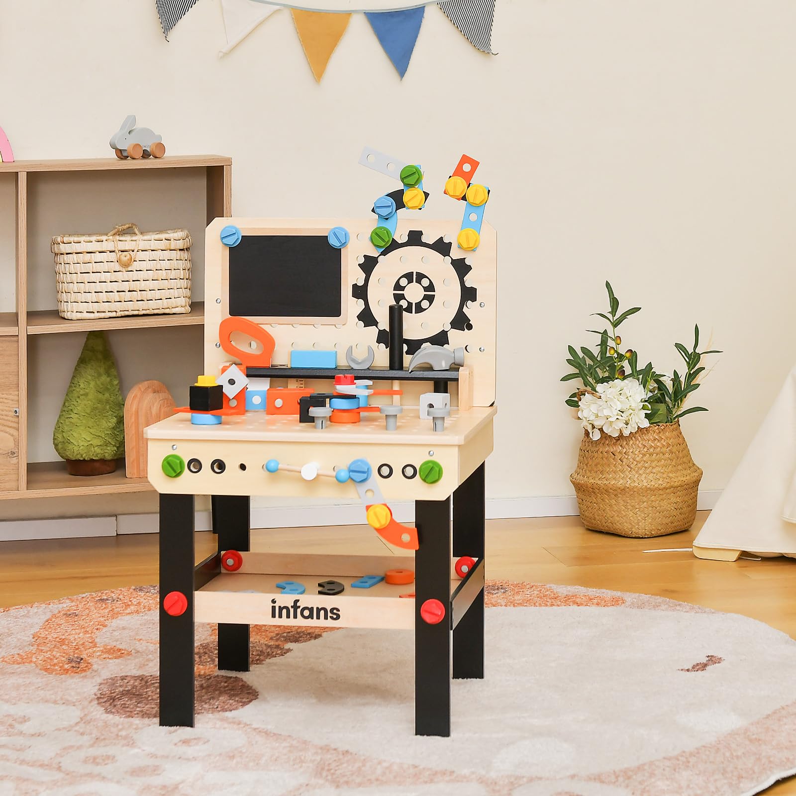 INFANS Tool Bench Set for Toddlers, Kids Wooden Workbench with Blackboard Construction Building Tools and 75 Accessories