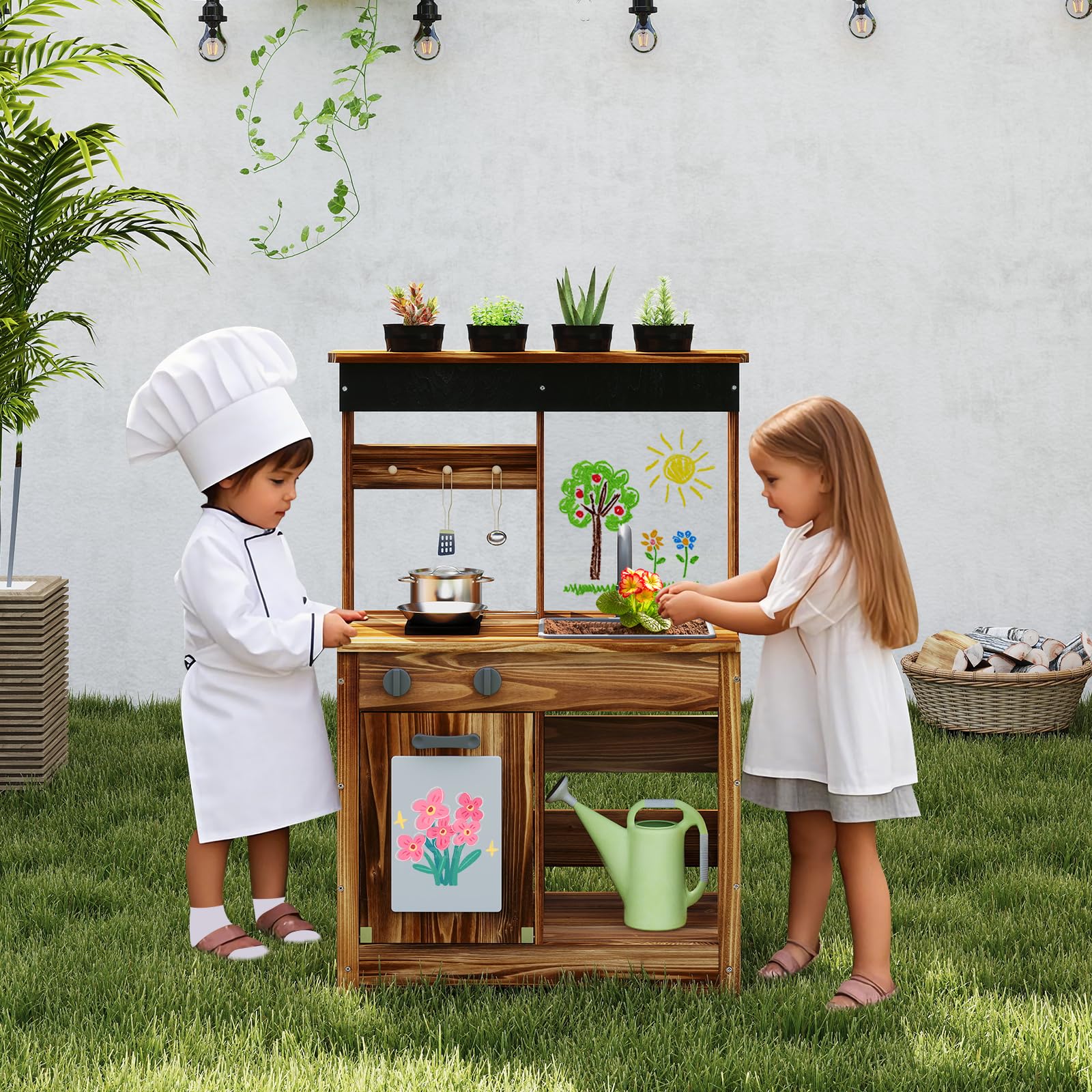 INFANS Mud Kitchen, Outdoor Play Kitchen with Drawing Board, Cooking Accessories, Wooden Kids Kitchen Playset