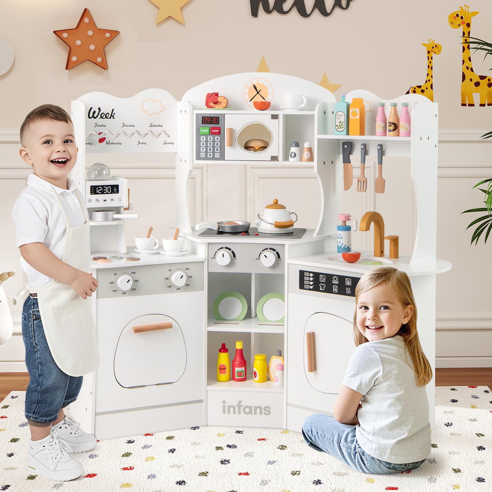 INFANS Corner Kids Kitchen Playset, Toddler Wooden Pretend Cooking Set with Lights Sounds Coffee Machine Washing Machine