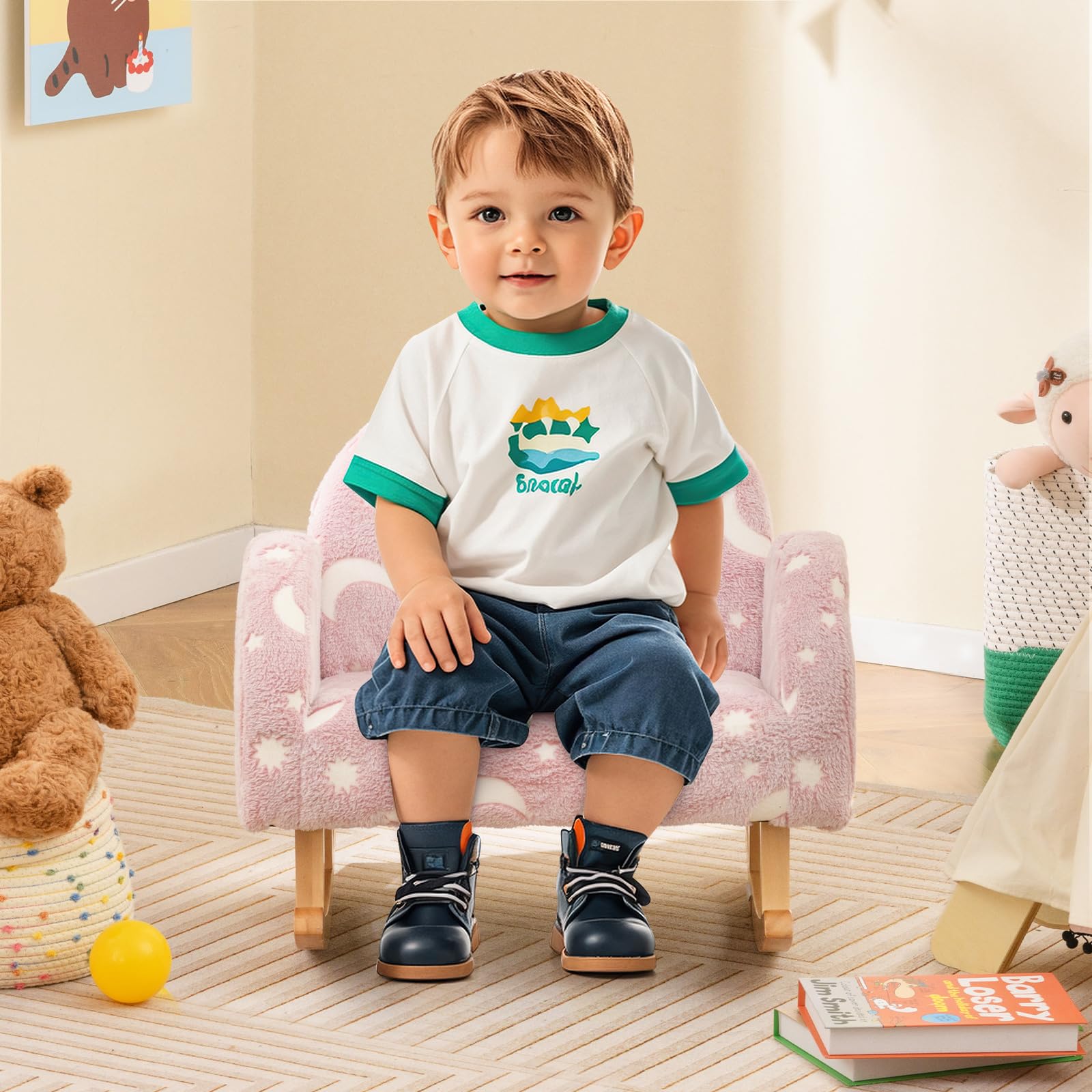 INFANS Kids Sofa with Glow in The Dark, Toddler Rocking Chair, Upholstered Comfy Foam Children Chair for Kindergarten Playroom