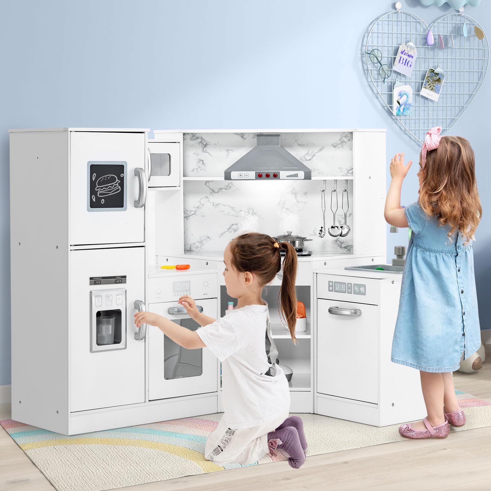 INFANS Corner Kids Kitchen Playset, Toddler Wooden Pretend Cooking Set with Realistic Light Sound Stove