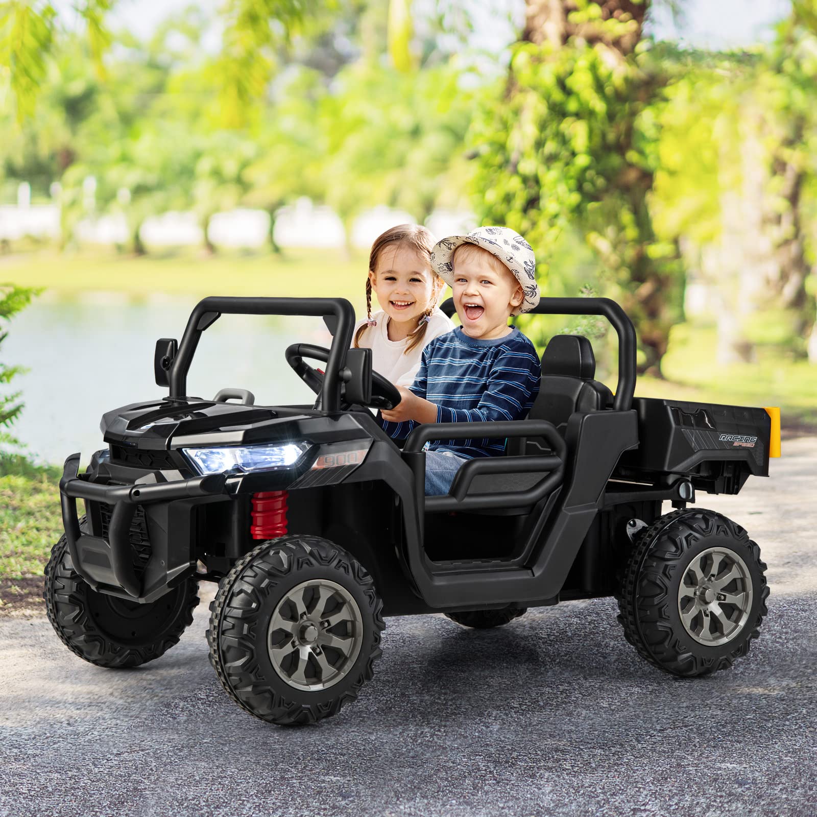 INFANS 2 Seater Ride on UTV, 12V Kids Electric Vehicle Dump Truck, Toddlers Battery Powered Car with Music