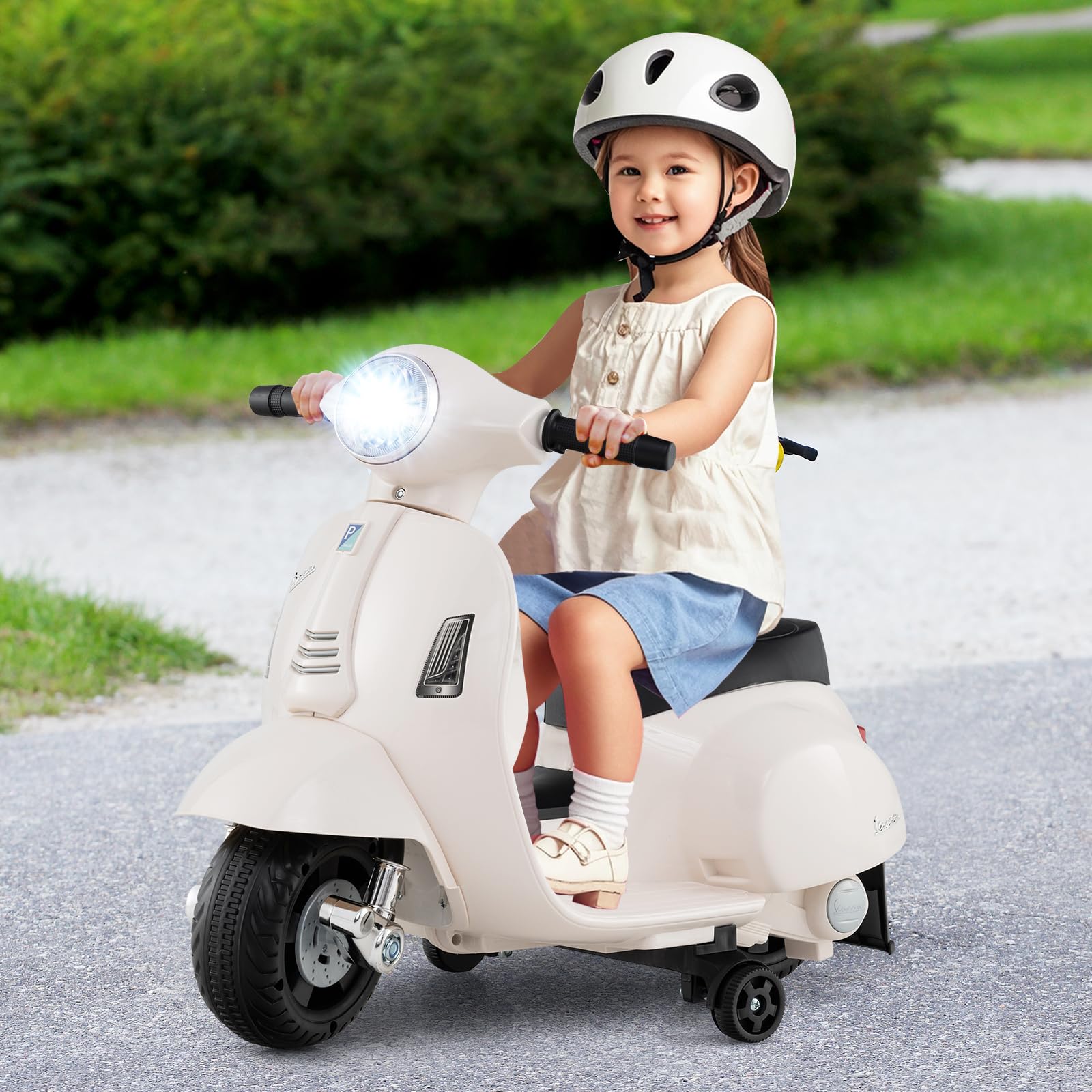 INFANS Licensed Vespa Kids Motorcycle, 6V Battery Powered Motorbike for Toddlers with Training Wheels, Horn, LED Lights
