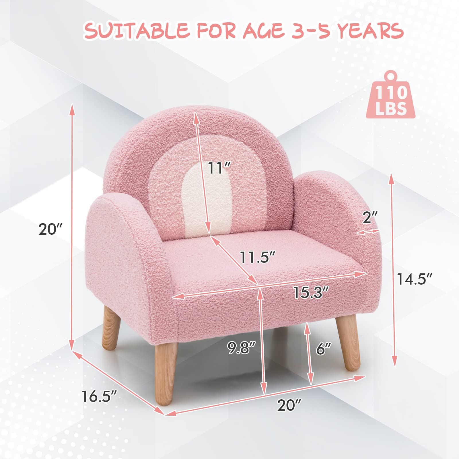 INFANS Kids Sofa, Toddler Armchair with Solid Wooden Frame Anti-Tipping Design Plush Fabric, Upholstered Children Chair