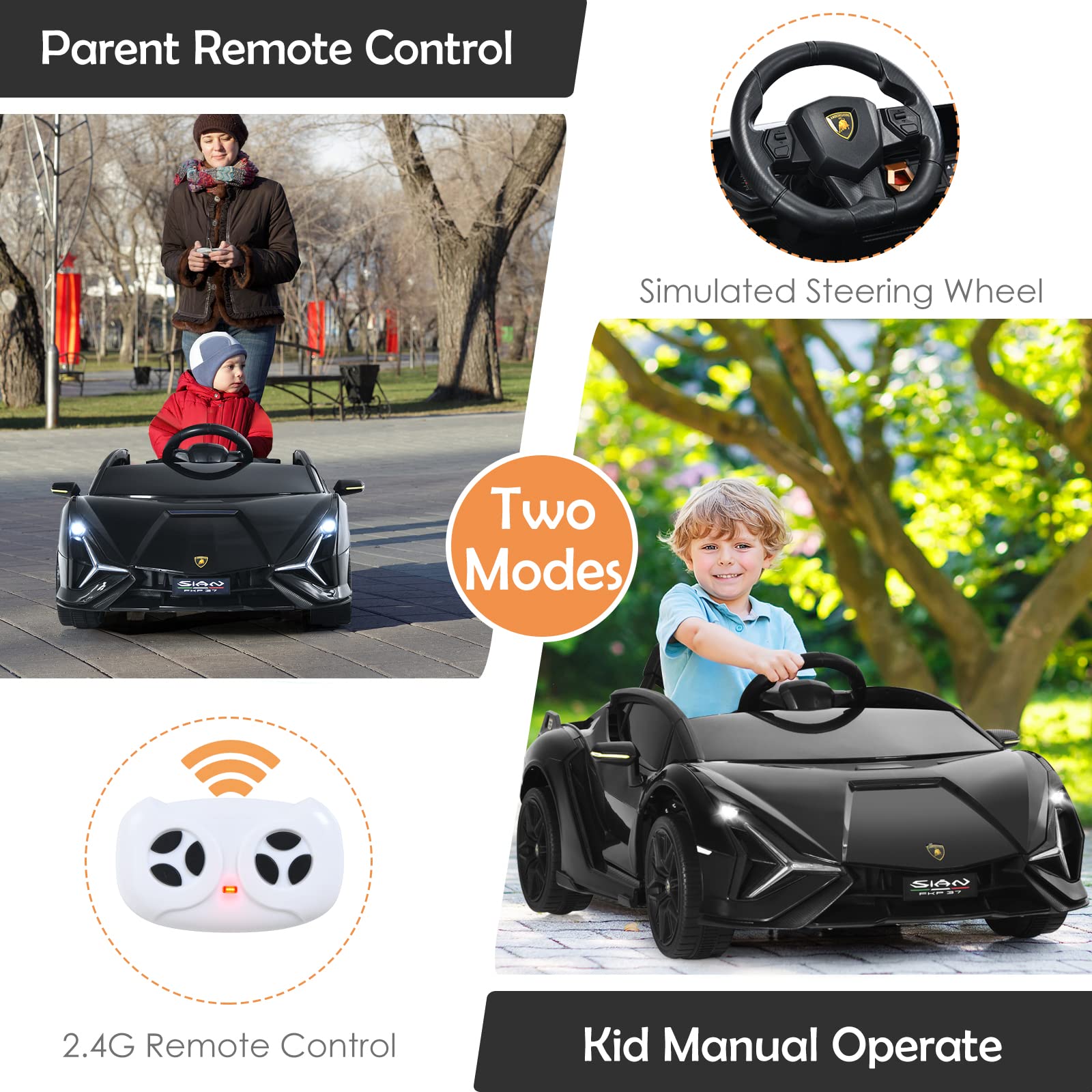 INFANS 12V Licensed Lamborghini Sian Kids Ride on Car with Parent Remote Control, Electric Toy Roadster Carbon Fiber Textured