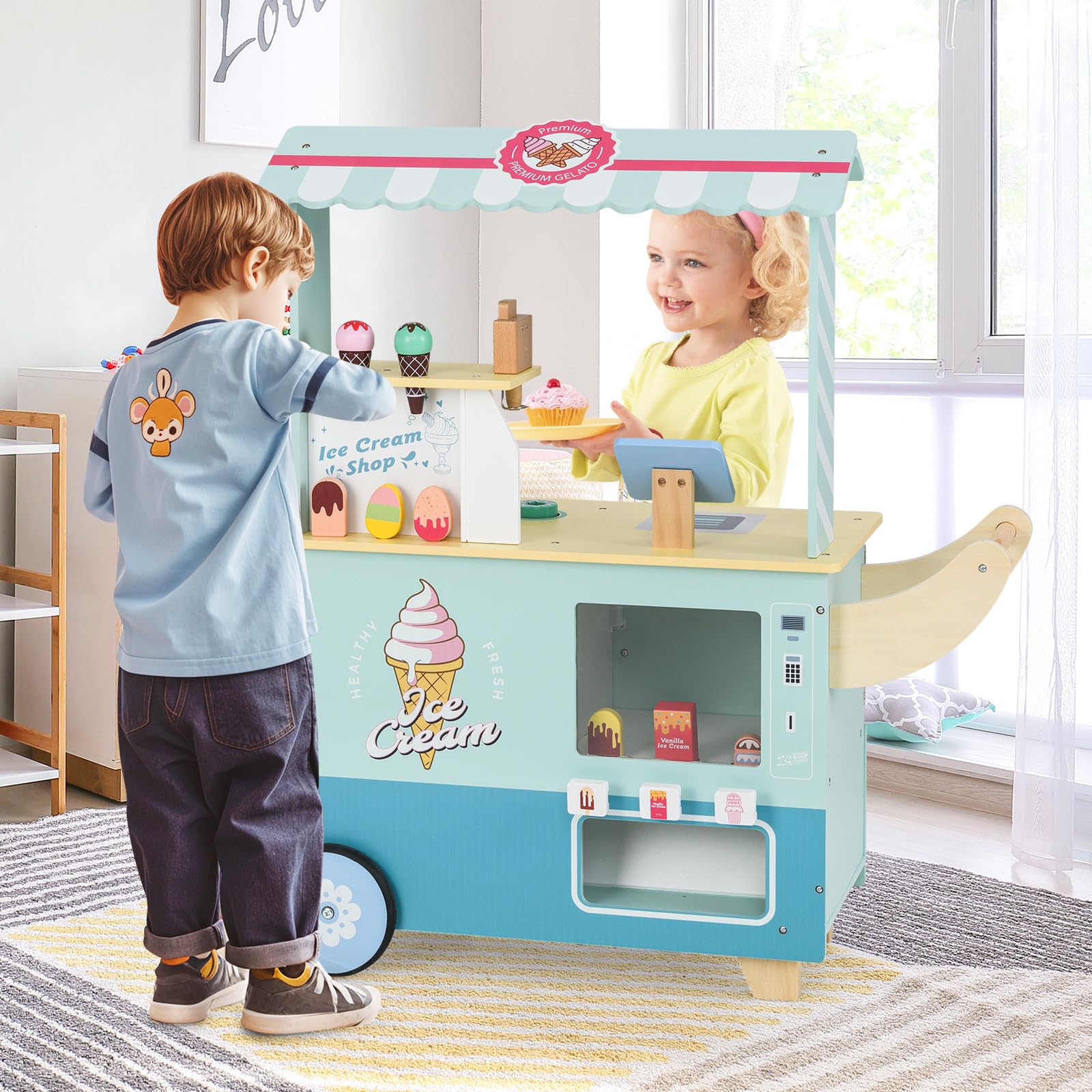 INFANS Ice Cream Cart Grocery Store Marketplace Toy, Market Stand Shop Pretend Play Set with Accessories Gift for Ages 3+