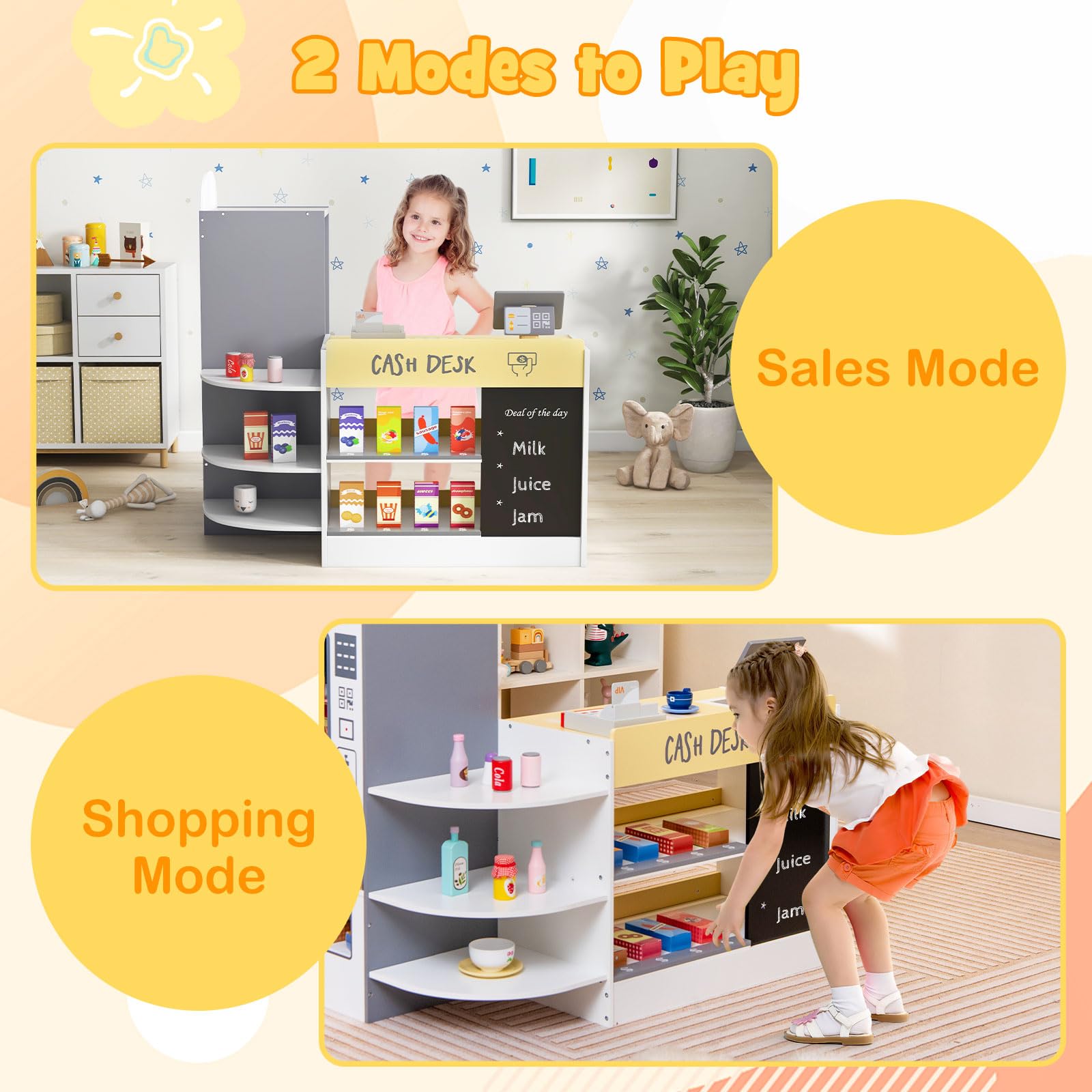 INFANS Kids Grocery Store Playset, Wooden Supermarket Toy Set with Cash Register, Vending Machine, Pretend Play Store