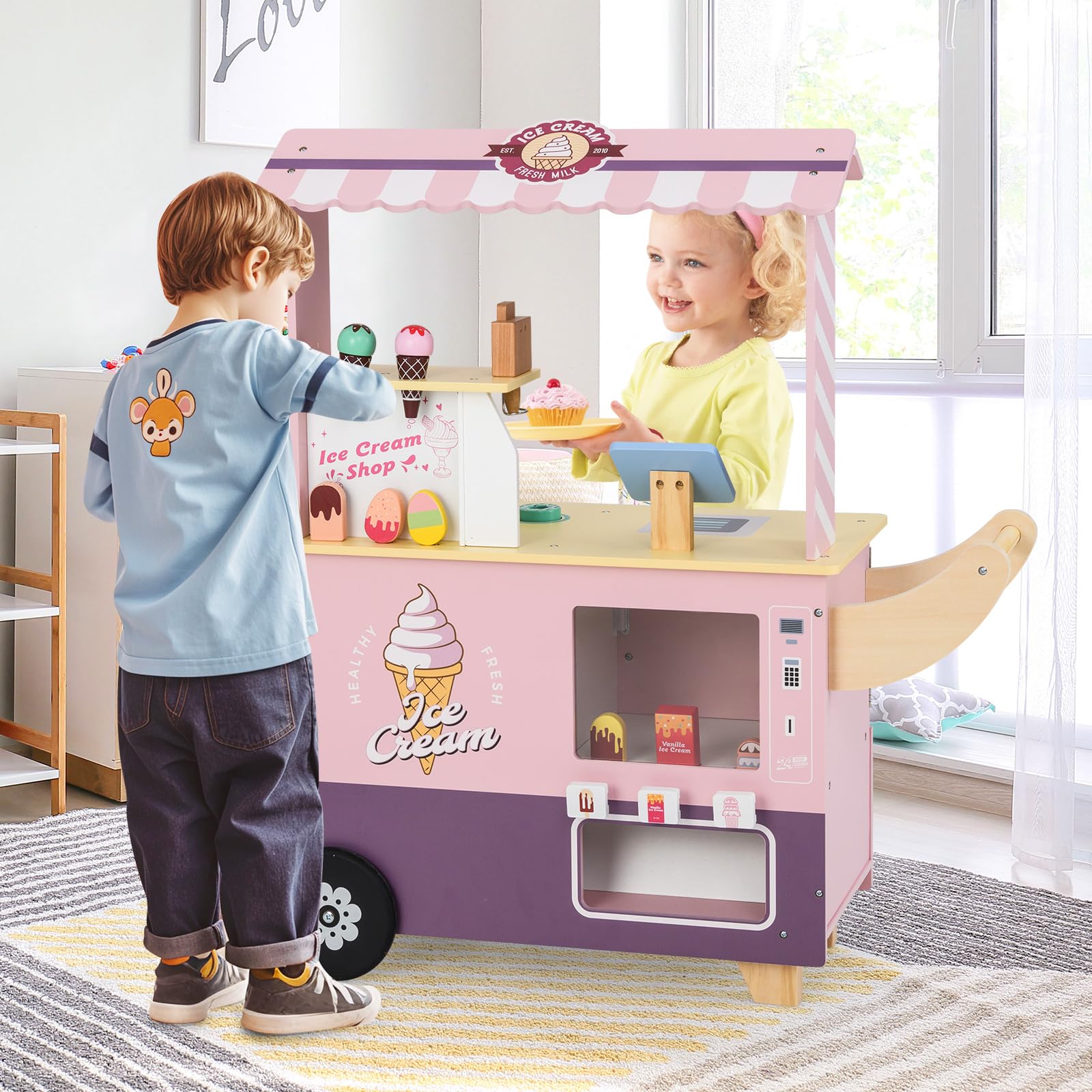 INFANS Ice Cream Cart Grocery Store Marketplace Toy, Market Stand Shop Pretend Play Set with Accessories Gift for Ages 3+