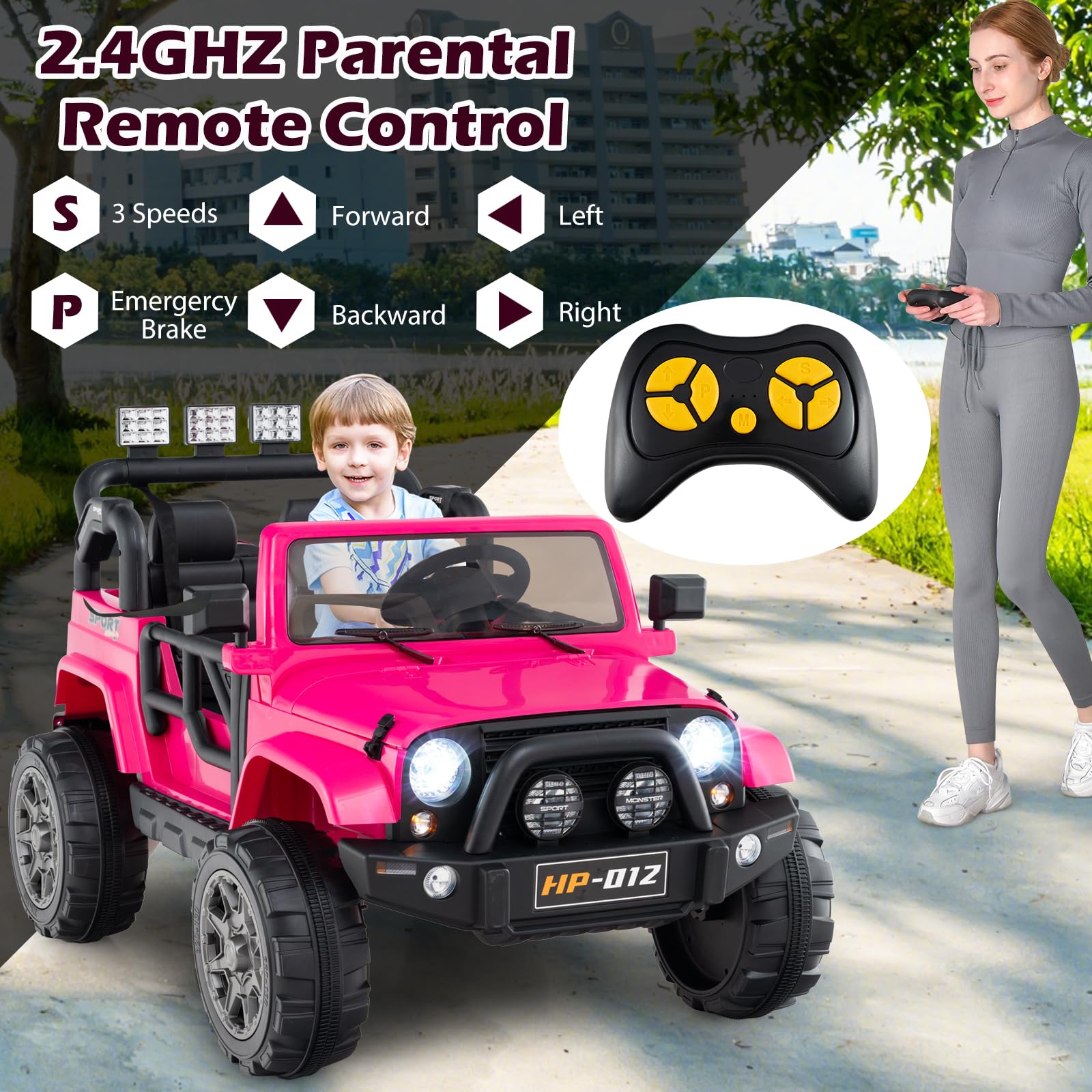 INFANS 2 Seater Ride on Truck, 12V Battery Powered Electric Vehicle for Kids with Remote Control, Power Display, LED Lights