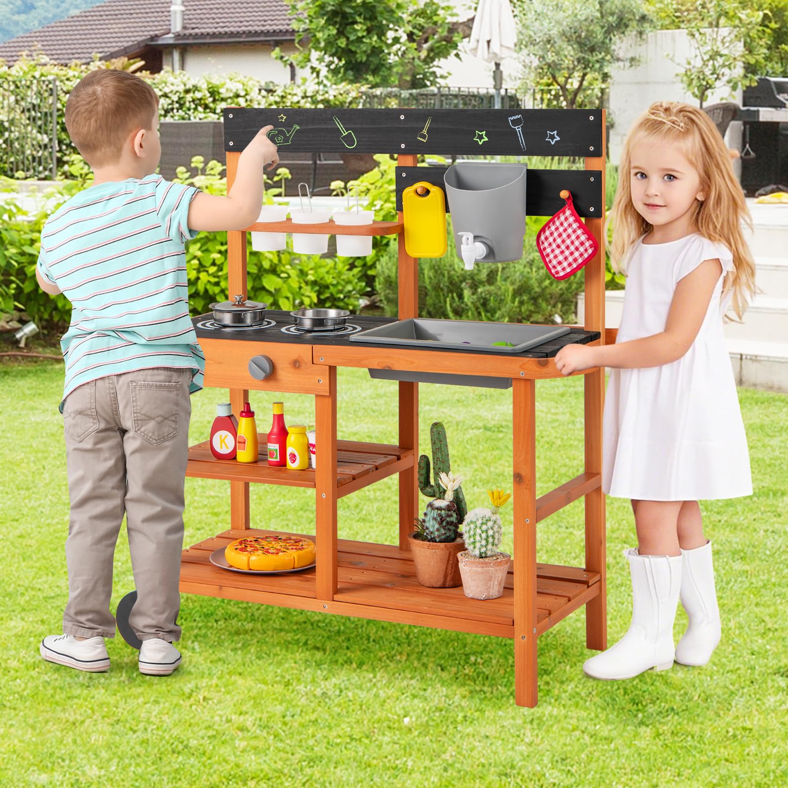 INFANS Mud Kitchen for Kids Outdoor, Wooden Toddler Play Kitchen with Cooking Accessories, Toy Playset for Backyard Garden