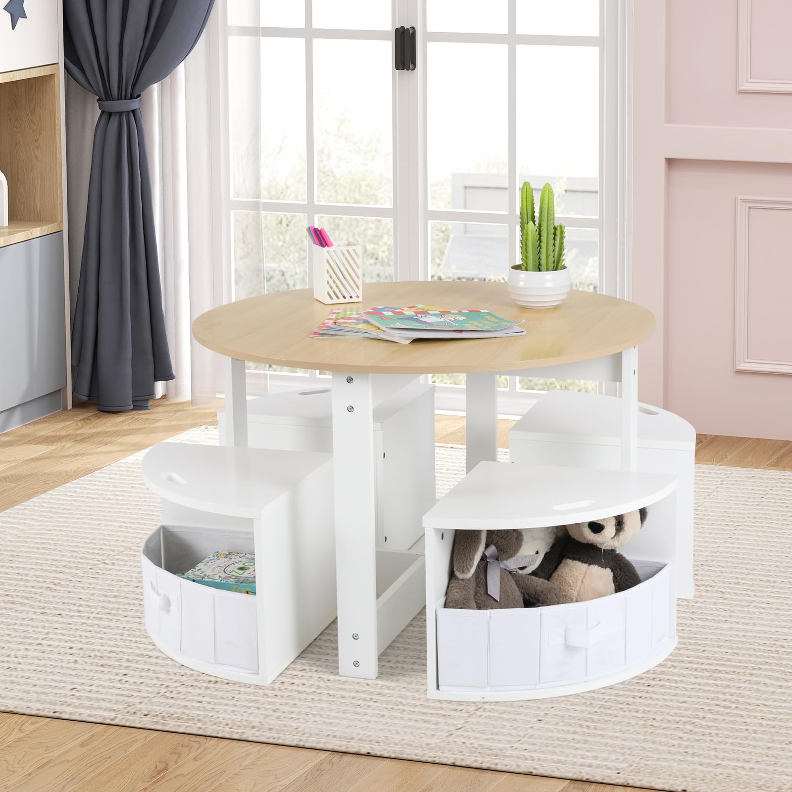 INFANS Toddler Table and Chair Set, Wooden Table and 4 Chairs with Nesting Design, Children Multi-Activity Table